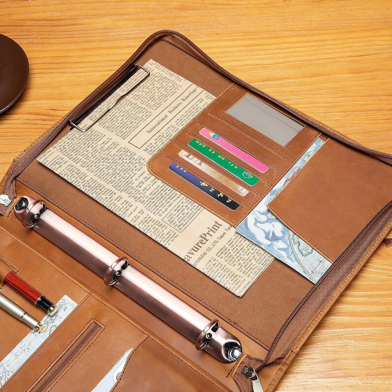 YIWEN Personalized Leather Portfolio with Handle, 3 Ring Binder, Zippered Padfolio for 13' Tablet, 8.5 x 11 Notepad, Professional Business Document Organizer (Brown, Crazy Horse Leather)