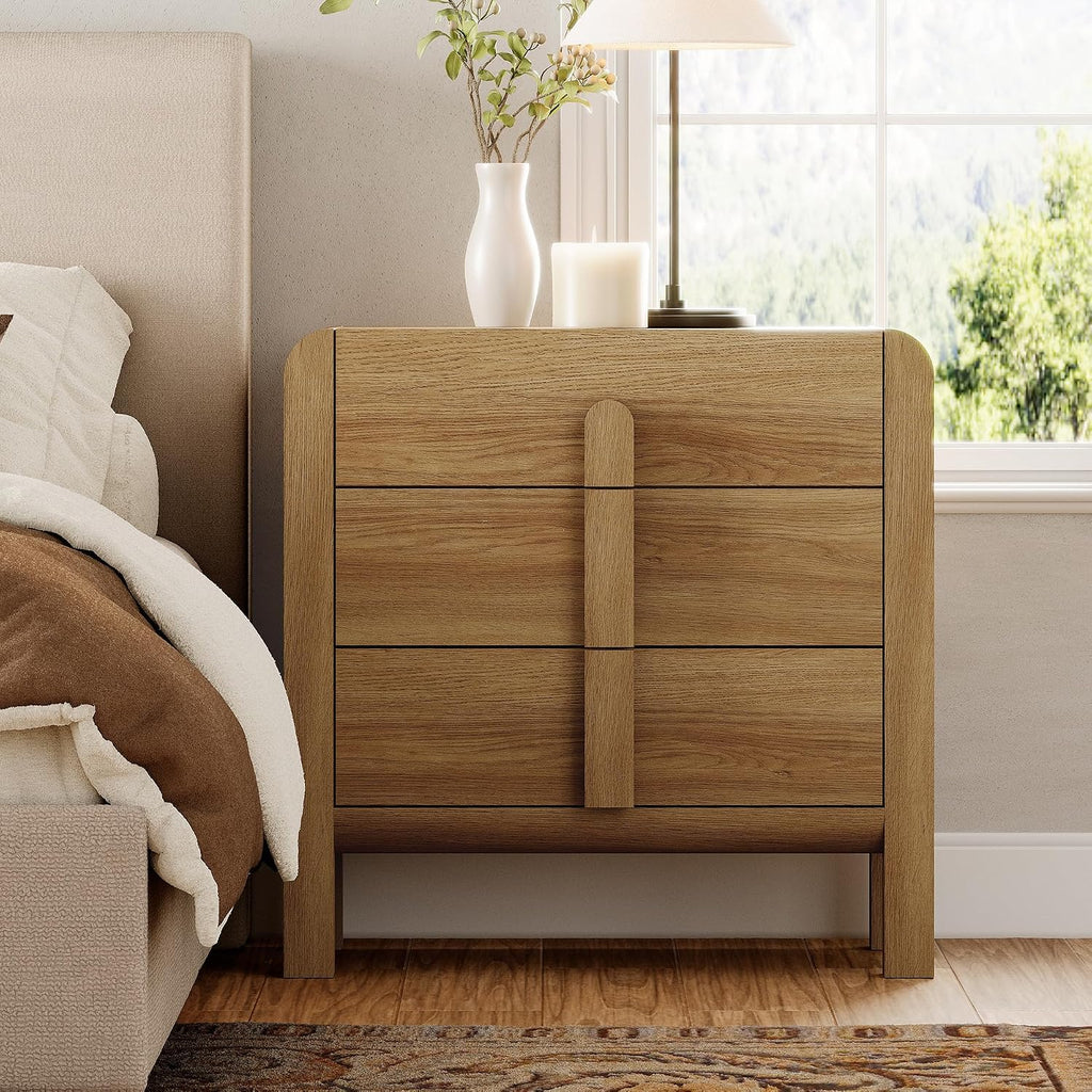 WAMPAT Large 3 Drawer Nightstand, 31.5' Tall Wooden Bedside Table with Curved Design, Modern Walnut Nightstand with Storage, Wider Side Table End Table for Bedroom