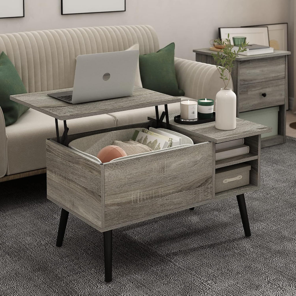 Furinno Jensen Lift Top Coffee Table with Storage Shelf, Side Shelf, Hidden Compartment, for Living Room, Grey Oak