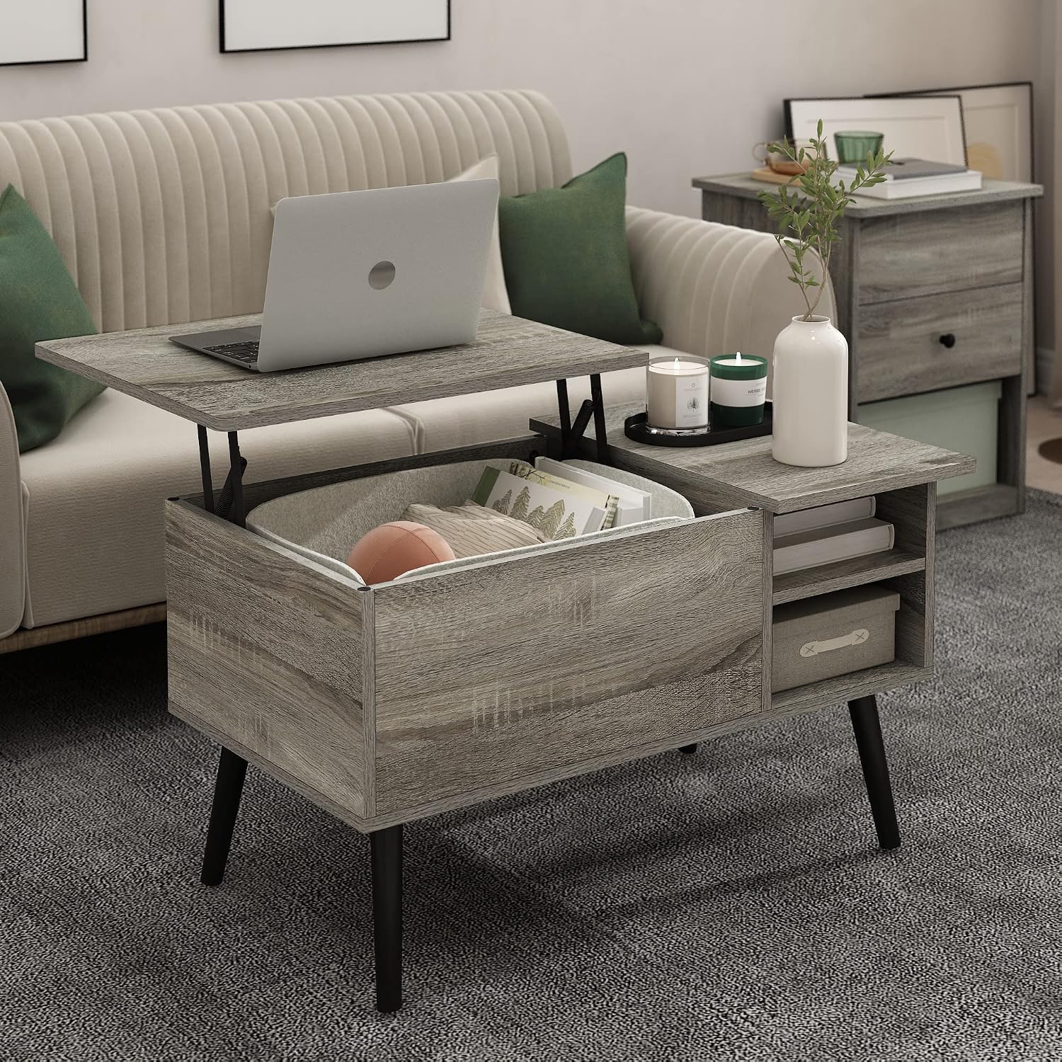 Furinno Jensen Lift Top Coffee Table with Storage Shelf, Side Shelf, Hidden Compartment, for Living Room, Grey Oak