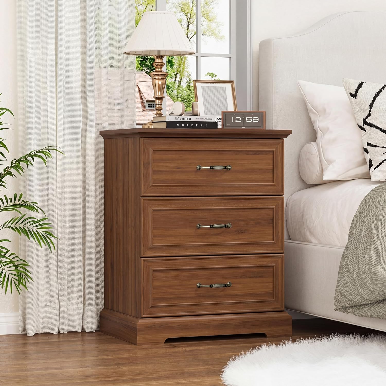 Nightstand Set of 2,24' Wide End Table with 3 Large Drawers & Metal Handles,Rustic Farmhouse Wood Small Dresser,Bedside Table,Modern Chest of Drawers for Bedroom,Living Room,Walnut