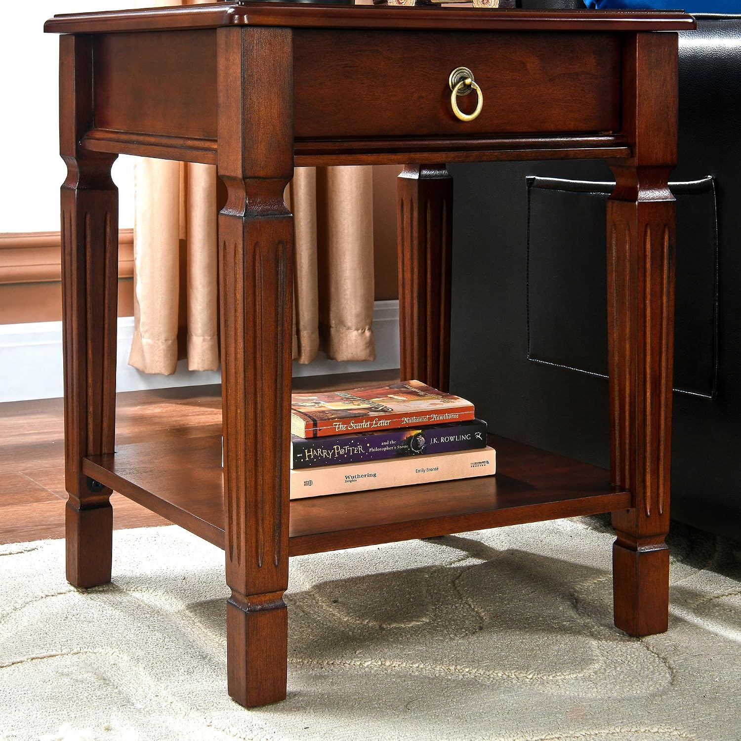 End Side Table with Storage Drawer and Shelf, Farmhouse Sofa Beside Table with Carved Wood Legs, 21.9'H Telephone Table for Living Room, Square Corner Tables, Easy Assembly, Dark Cherry BZ-D1258