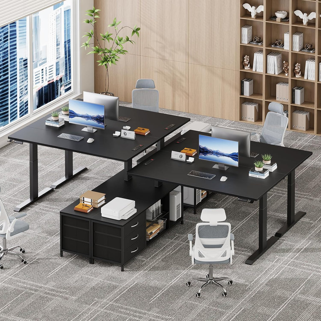 L Shaped Electric Standing Desk with Drawers & Shelves, Height Adjustable Corner Computer Desk with Power Outlets, 55 Inch Sit Stand Executive Desk with 3 Fabric Drawer for Home Office, Black