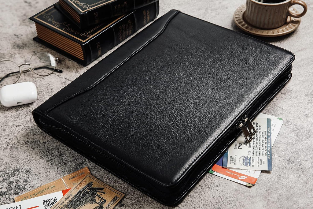 DUKE&COW Leather Portfolio with 3 Ring Binder, Personalized Executive Folio, Engraved Leather Folder, Custom Gift for Men Women (Black, Custom)