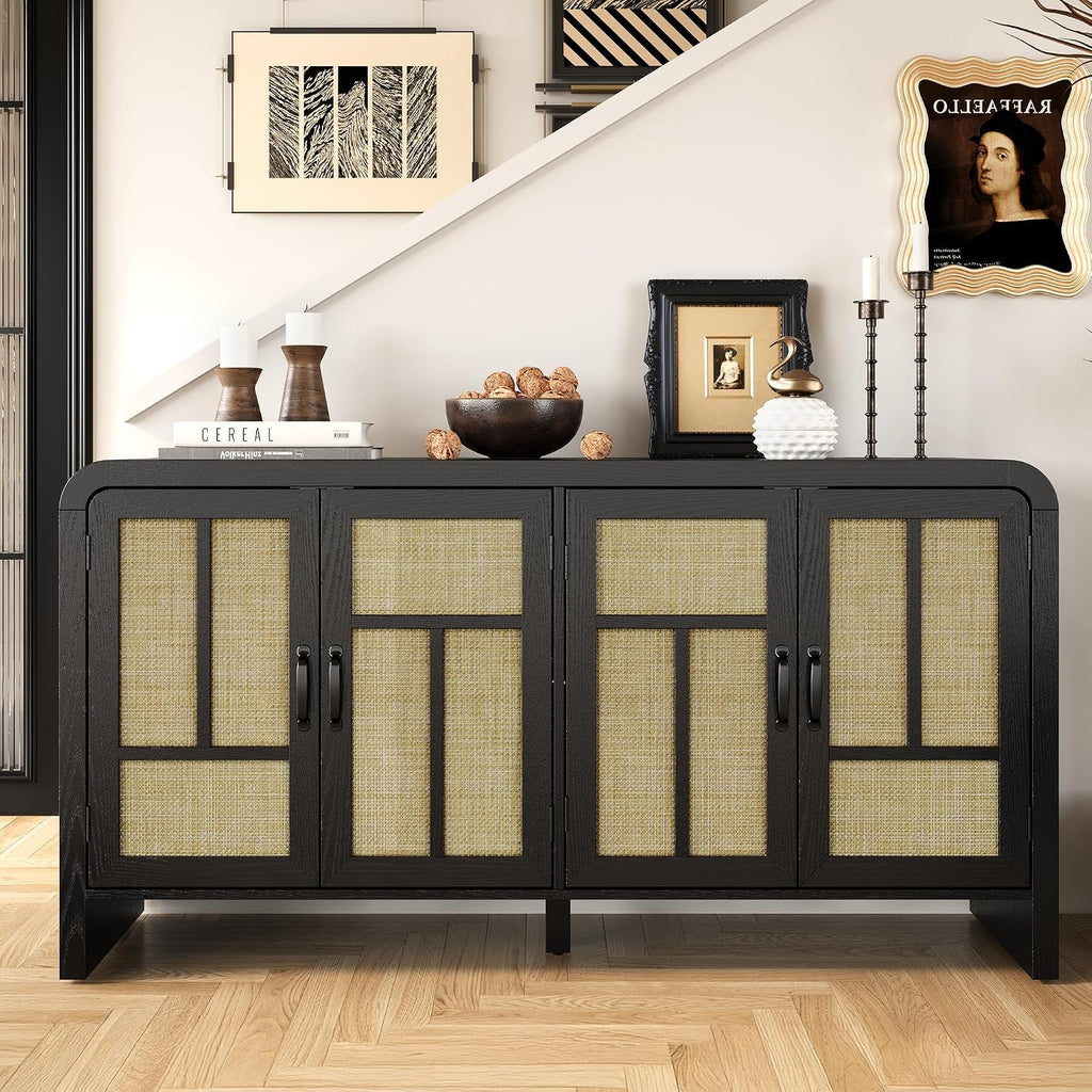RoyalCraft Buffet Cabinet with Storage Sideboard Accent Farmhouse Credenza with 4 Doors & Shelves Rattan 59' Media Console Boho Coffee Bar Table for Living Room Kitchen Dining Room Hallway