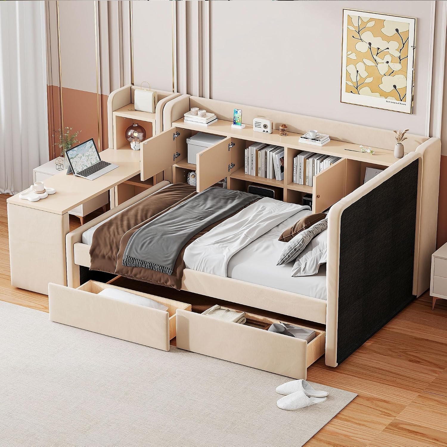 Bellemave Twin Corner Bed with Storage Shelves and Desk, Upholstered Daybed with Bookcase and Drawers，Daybed with Storage, Beige