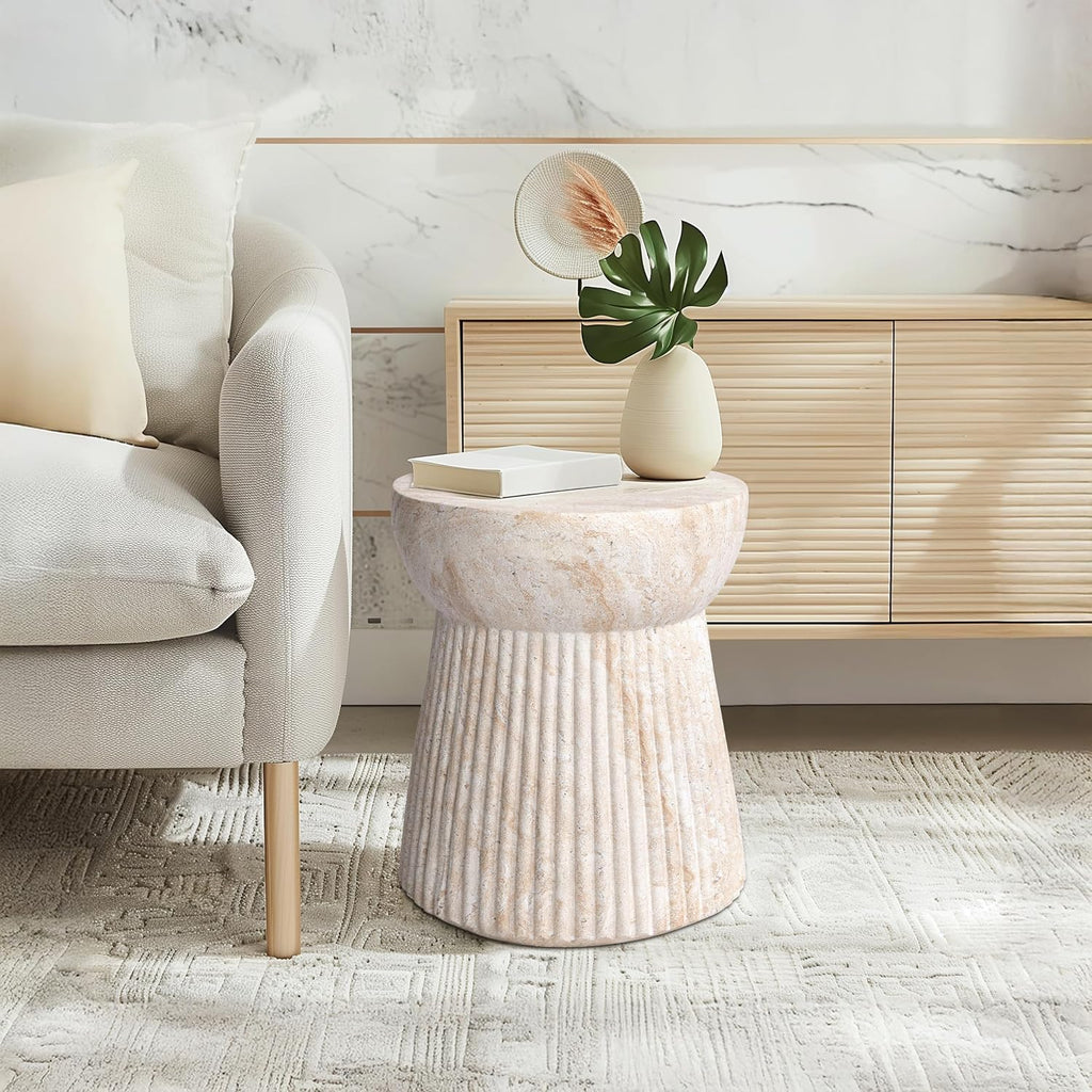 Empire Art Direct Fluted Travertine Stone Finish Italian Design MgO Side Accent Table, Living Room, Bedroom & Office, 14.6'x14.6'x17'