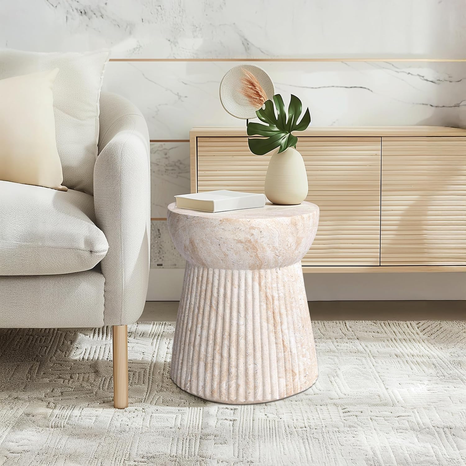 Empire Art Direct Fluted Travertine Stone Finish Italian Design MgO Side Accent Table, Living Room, Bedroom & Office, 14.6'x14.6'x17'