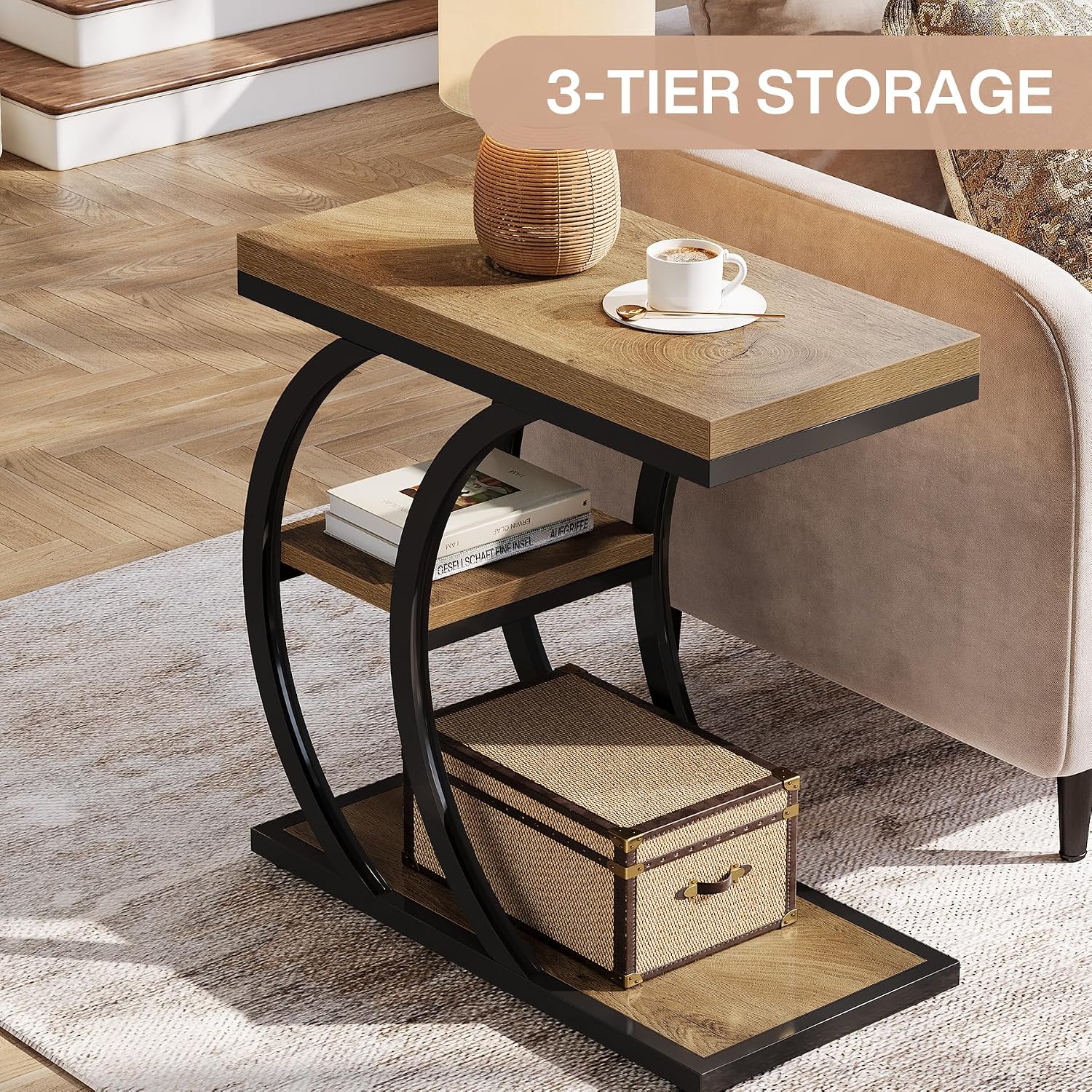 Tribesigns End Table Set of 2, 3-Tier Narrow Wood Couch C-Shaped Side Table with Storage, Industrial Nightstand for Bedroom, Small Spaces, Natural