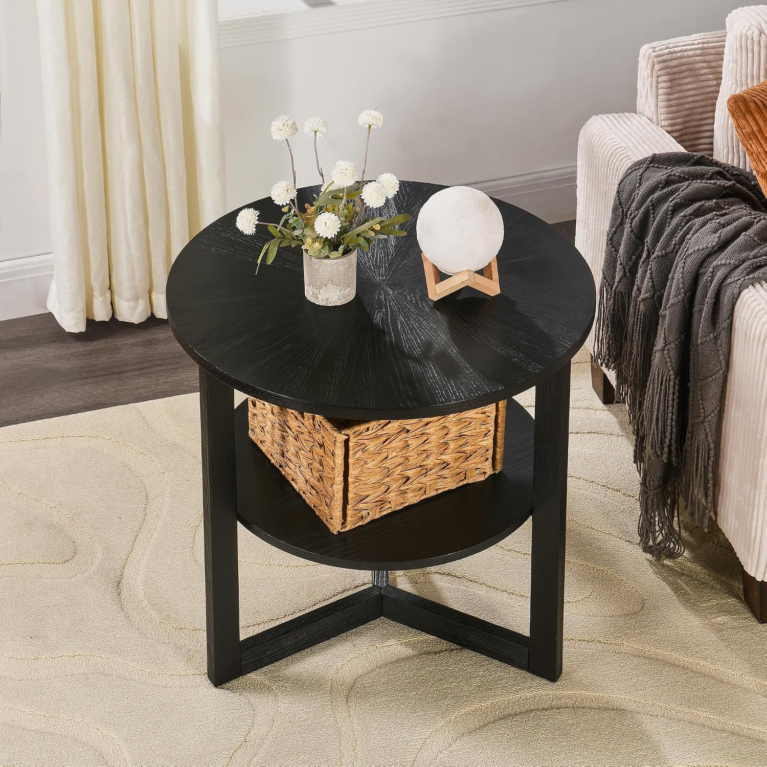 Large Round End Table with Storage Shelf, Rustic Beside Tables with Umbrella Top,Traditional Circular Sofa Side Table, 25.2'D Telephone Table for Living Room Easy Assembly Brushed Black CJZ3338BK