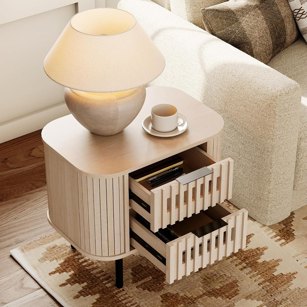 WAMPAT Fluted Nightstand Set of 2, Modern Woode End Table with 2 Drawers, Storage Bedside Table for Bedroom and Living Room, Natural, 2 Pack