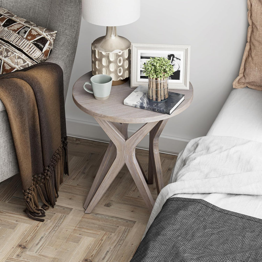 Pedestal Farmhouse End Table Set of 2, Distressed Top with Tripod Base Bedside Table for Living Room, Modern, Boho Decor, Round (2-Pack, Distressed Aah Grey)