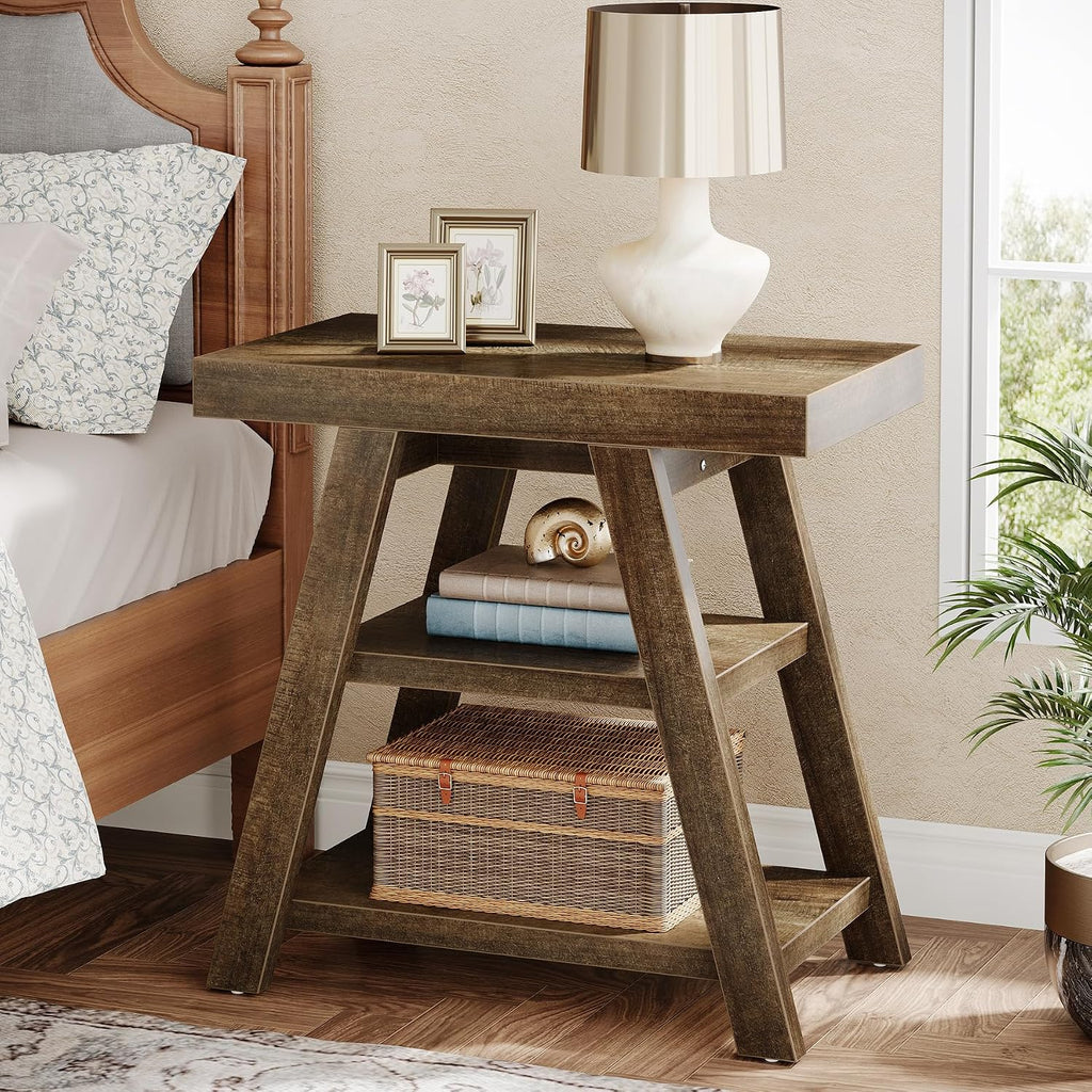 Tribesigns Set of 2 Rustic Side Table, 3-Tier Wooden End Table with Trapezoid Legs, Farmhouse Side Table for Couch, Vintage Bedside Nightstand for Bedroom, Living Room, Small Spaces, Distressed Brown