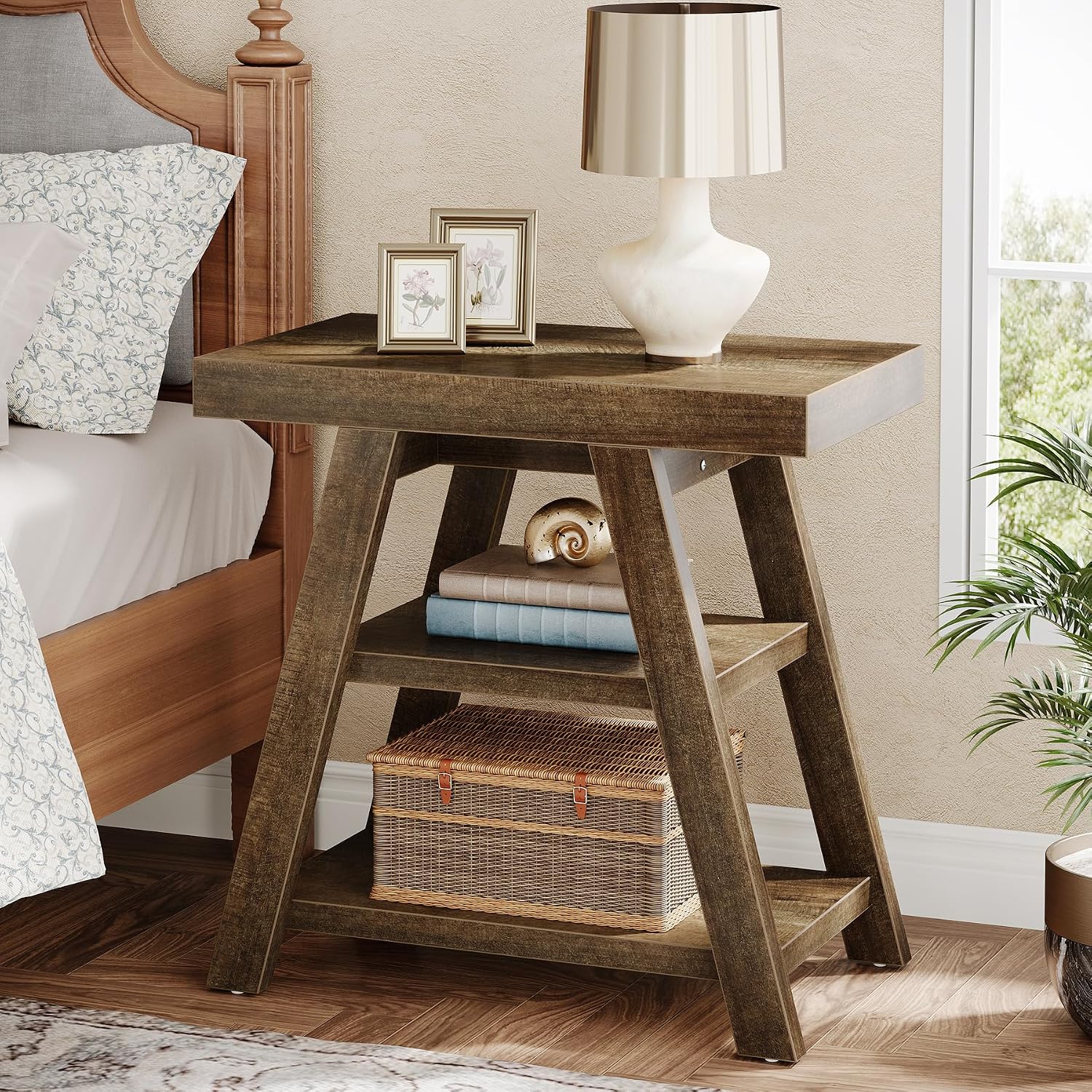 Tribesigns Set of 2 Rustic Side Table, 3-Tier Wooden End Table with Trapezoid Legs, Farmhouse Side Table for Couch, Vintage Bedside Nightstand for Bedroom, Living Room, Small Spaces, Distressed Brown