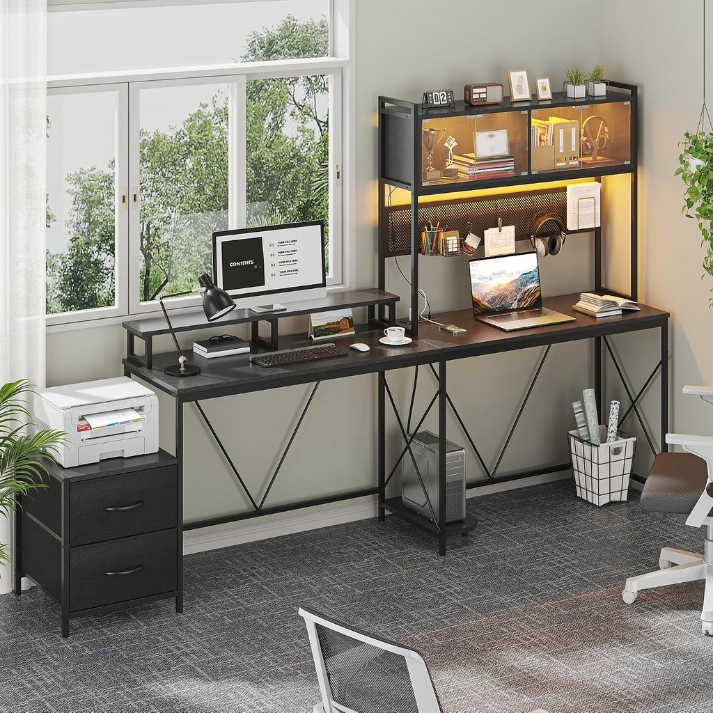 kepptory L Shaped Gaming Desk with 2 Drawers and Hutch, Home Office Computer Desk with Computer Stand and Pegboard, Corner Desk with Printer Desktop&Power Outlet, Black