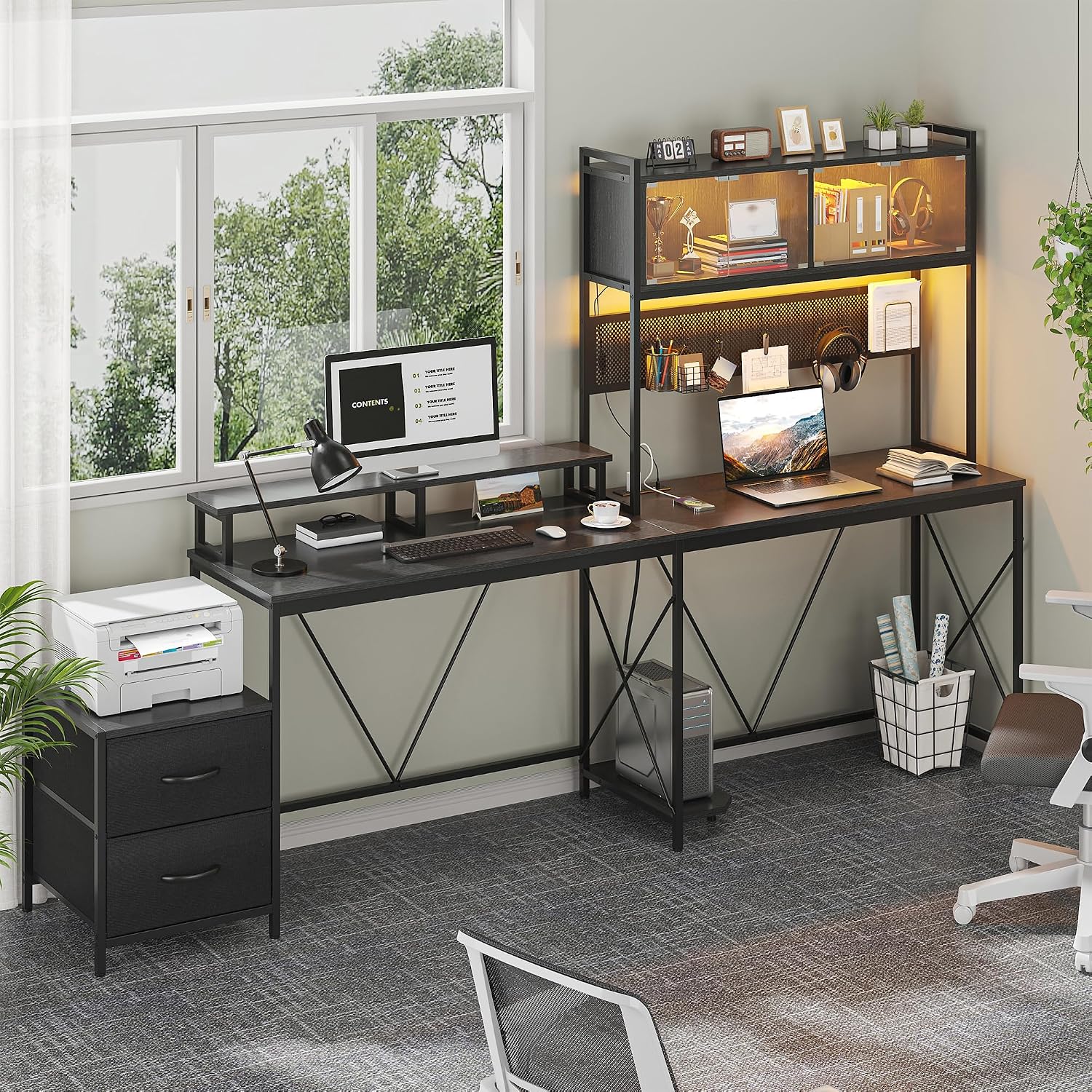 kepptory L Shaped Gaming Desk with 2 Drawers and Hutch, Home Office Computer Desk with Computer Stand and Pegboard, Corner Desk with Printer Desktop&Power Outlet, Black