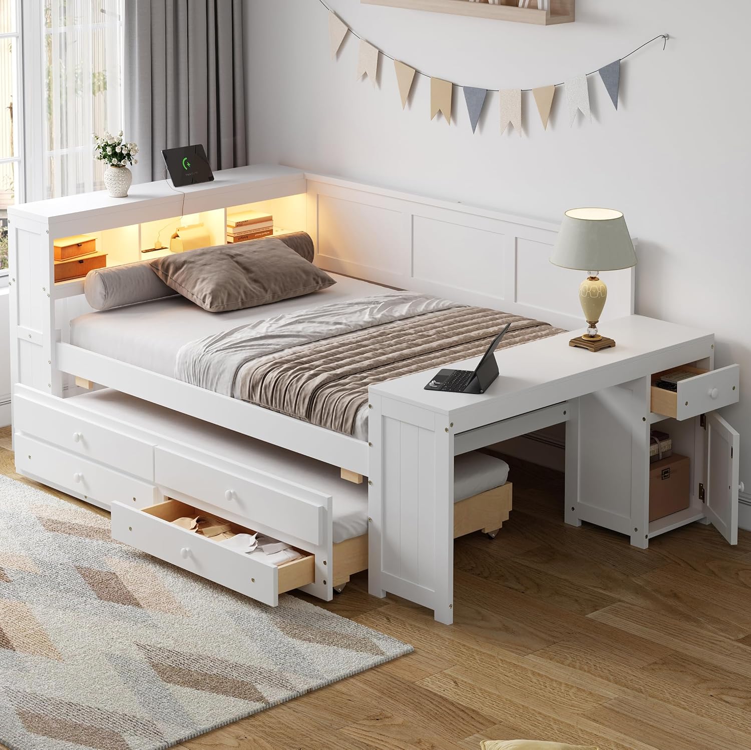 Merax Corner Full Bed Frame with Desk and Led Lights,Wood Platform Bed Frame with Trundle and 2 Drawers,Full Size Daybed with Storage and Charging Station for Living Room,Bedroom,Guest Room,White