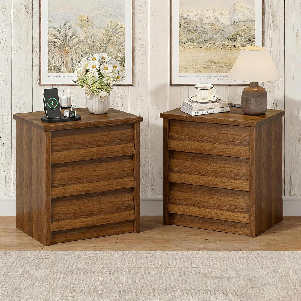 23' Wide Nightstand Set of 2 with Charger Station, Wood Night Stand with 3 Drawers, Modern Bedside Table with USB Ports and Outlets, Storage Bed Side End Table for Bedroom, Living Room (Walnut)