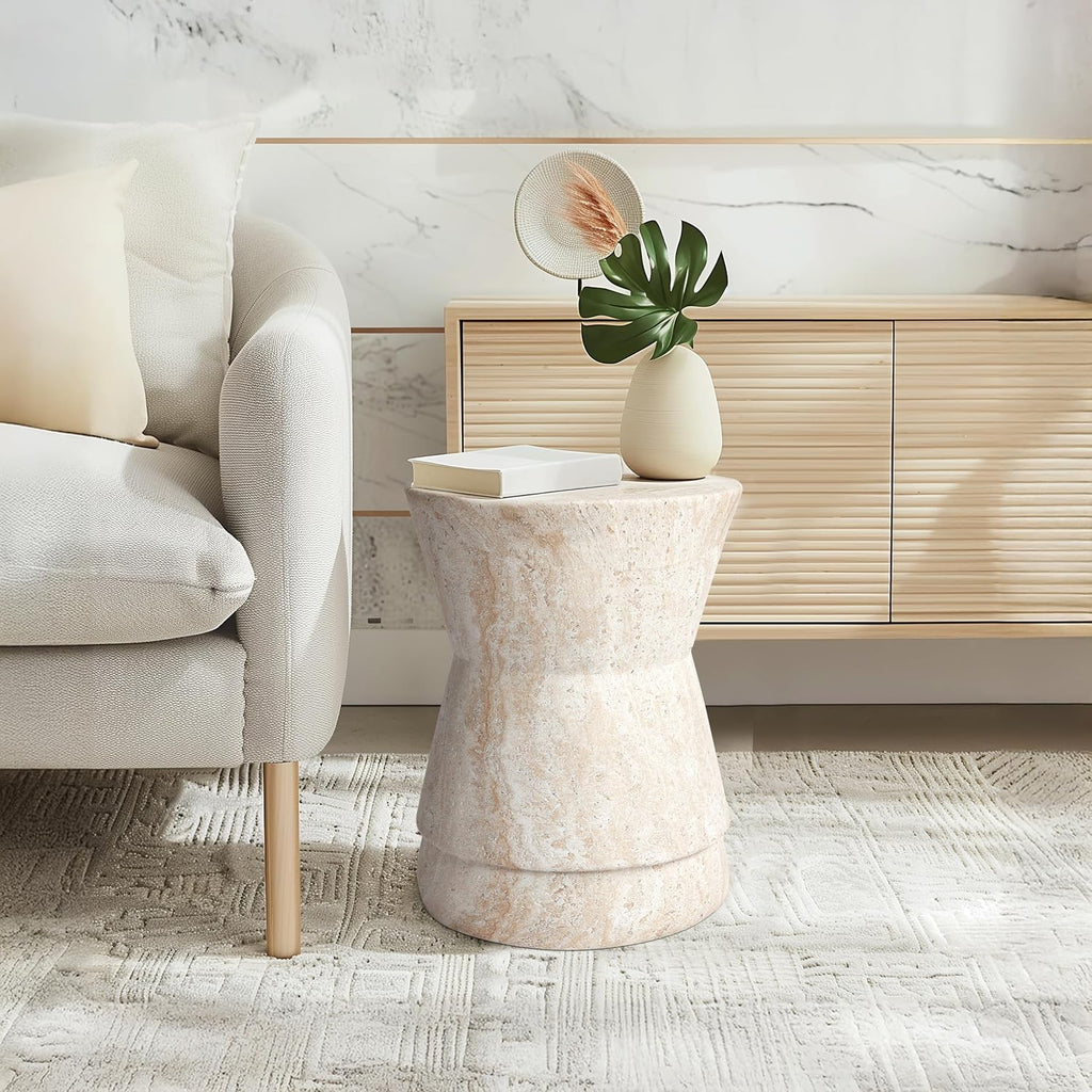 Empire Art Direct Hourglass Travertine Stone Finish Italian Design MgO Side Accent Table, Living Room, Bedroom & Office, 14.4'x14.4'x17.7'