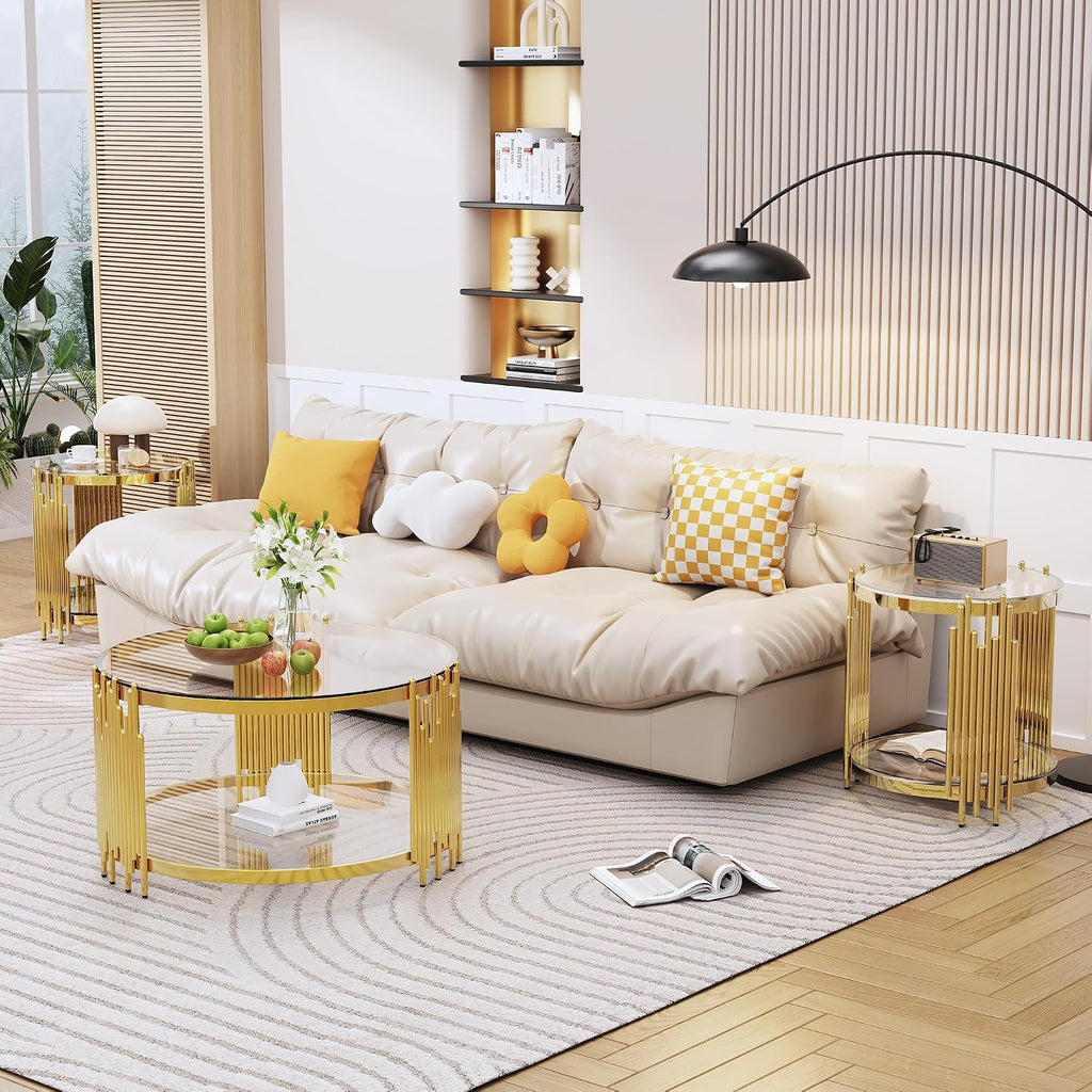 Luxury Gold Round Glass End Table Set of 2, 19.7' Modern Side Table with Stainless Steel Irregular Leg Clear Tempered Glass Tabletop, Accent Furniture for Living Room, Clear