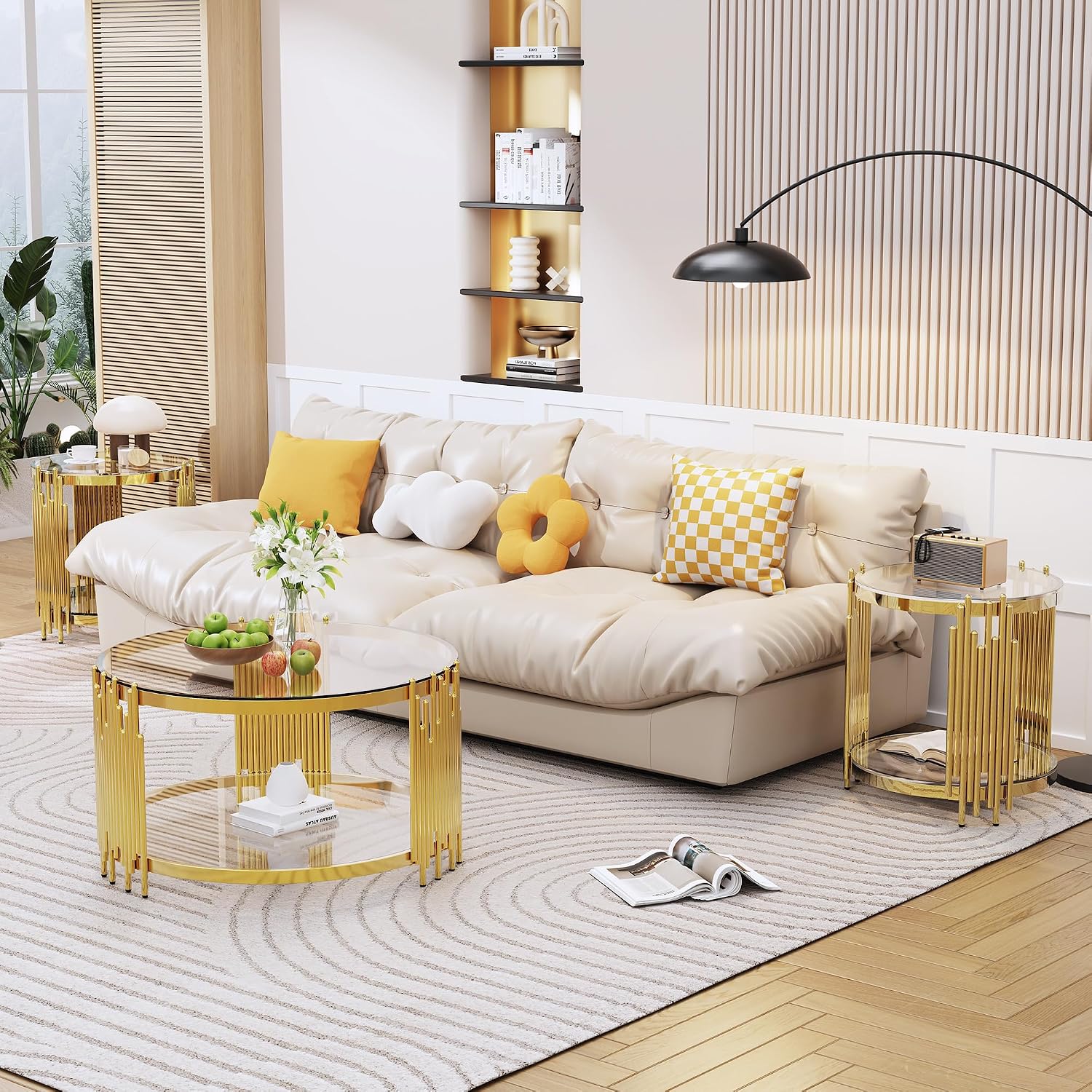 Luxury Gold Round Glass End Table Set of 2, 19.7' Modern Side Table with Stainless Steel Irregular Leg Clear Tempered Glass Tabletop, Accent Furniture for Living Room, Clear