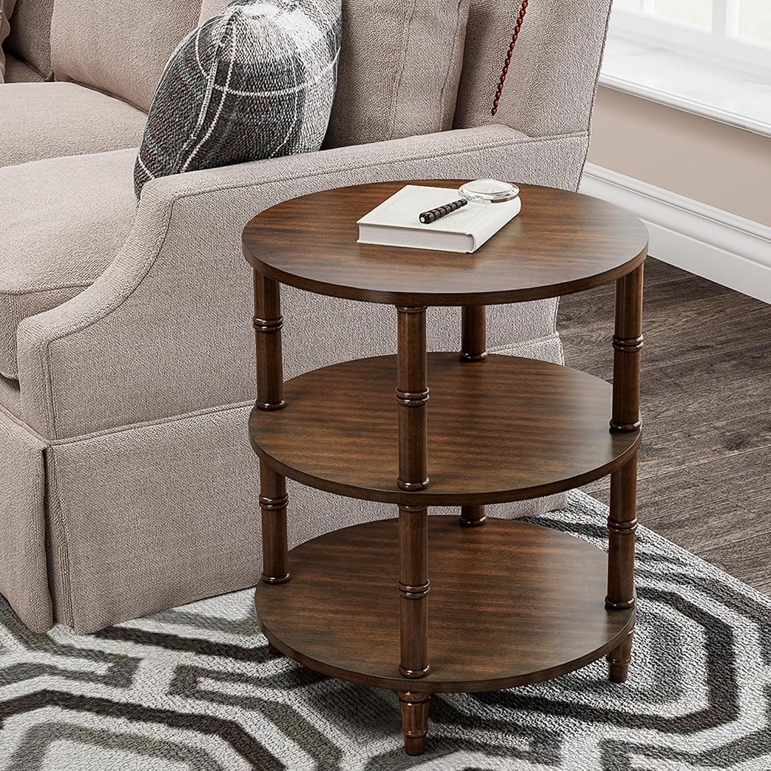 3-Tier Solid Wood Round End Table, Sofa Side Table with Open Storage Shelf Accent Corner Table with Wood Finish, Nightstand with Bamboo-Inspired Legs for Narrow Spaces, Dark Brown, 19.7'D x 23.6'H