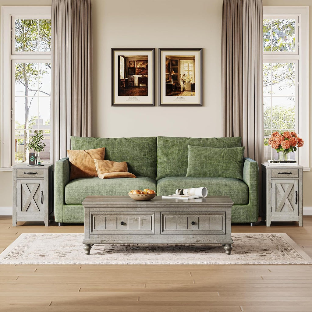 IRONCK End Table with Charging Station, Narrow Side Table for Living Room, Night Stand Set of 2 with Drawer and Cup Holder, Farmhouse Bedside Table with USB Ports and Outlets for Home, Beige Maple