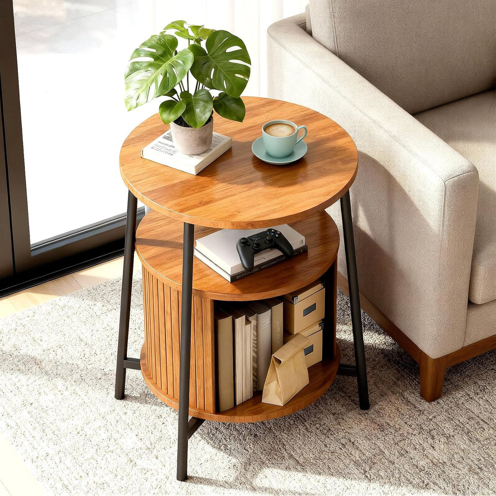 DHH Round End Tables Set of 2 & Charging Station, Fluted Accent Side Table with Sliding Door, Mid-Century Modern Nightstand set of 2 for Small Space Storage, Living Room, Bedroom,Sofa Couch(2, Yellow)