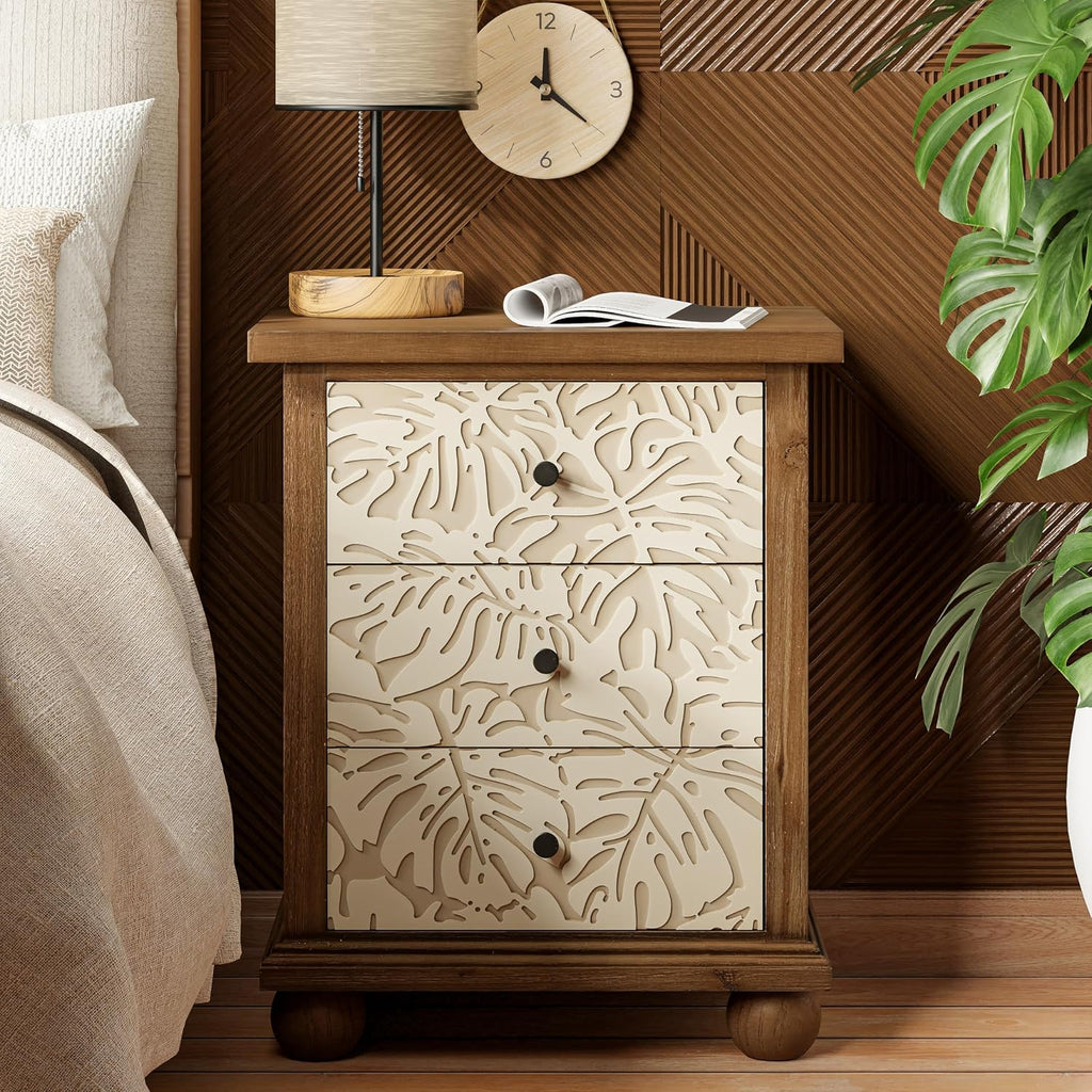 COZAYH Farmhouse 3-Drawer Nightstand with Leaves Pattern Carved, Set of 2 Vintage French Country End Table for Bedroom, Living Room, Distressed Finish, White & Brown