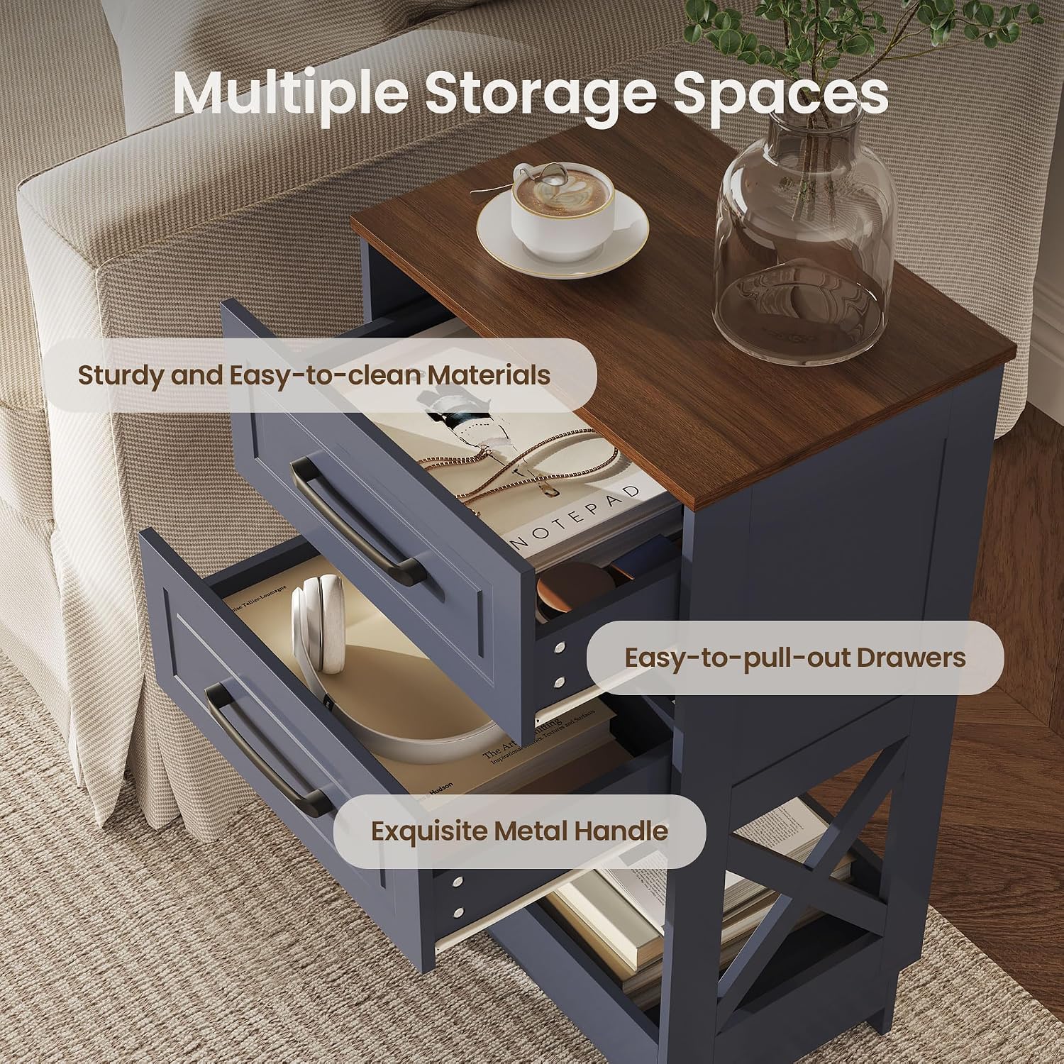 Tall Nightstand Set of 2 Side Table Modern Night Stand with 2 Drawers Wooden Rustic End Table Bedside Table with Upper Open Shelf Solid Feet for Bedroom Navy Blue+Walnut