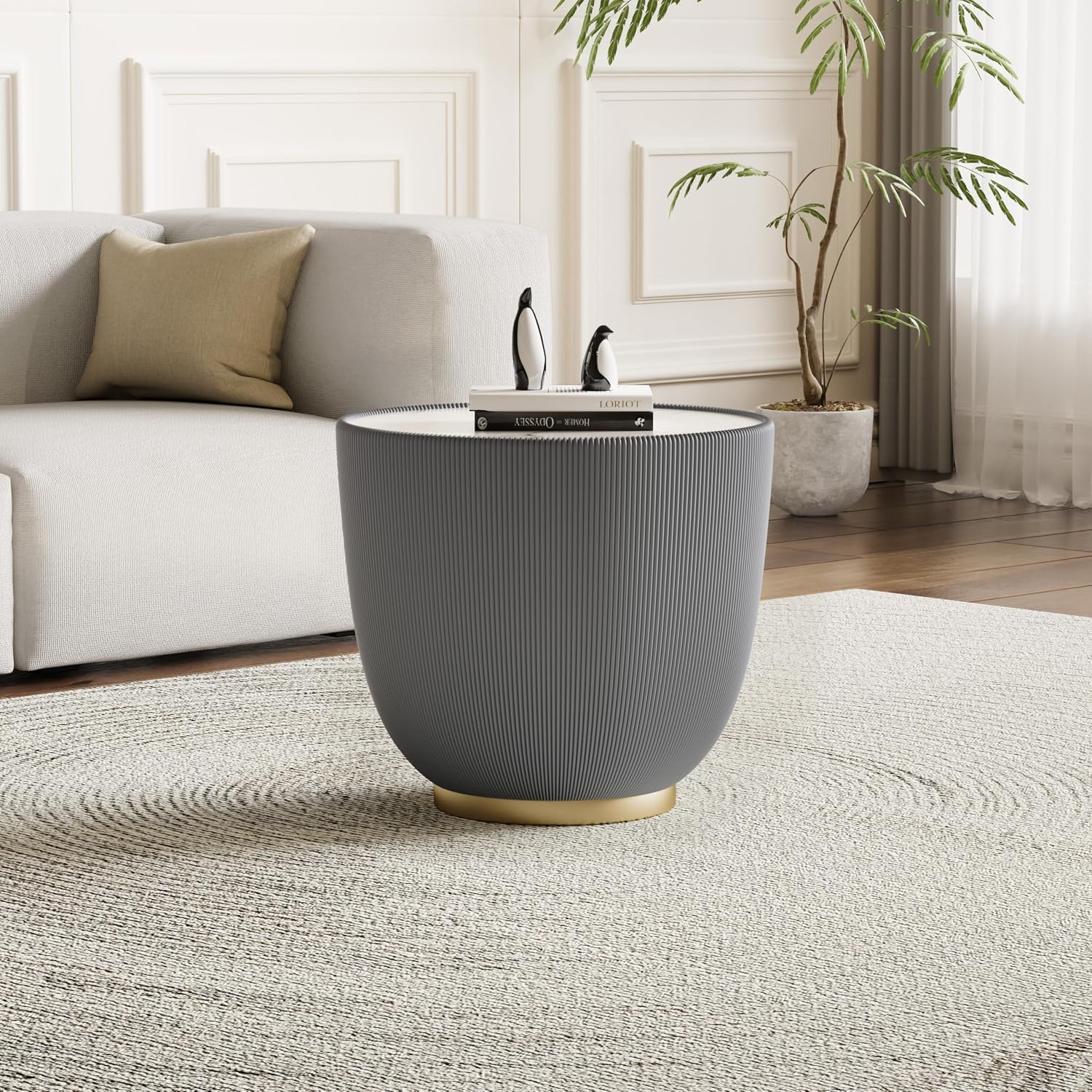 Modern Round Coffee Table Set of 2 Luxury Sintered Stone Top Coffee End Table in White/Grey Leatherette Creative Bowl-Shape Small Coffee Side End Tables for Living Room,Fully Assembled