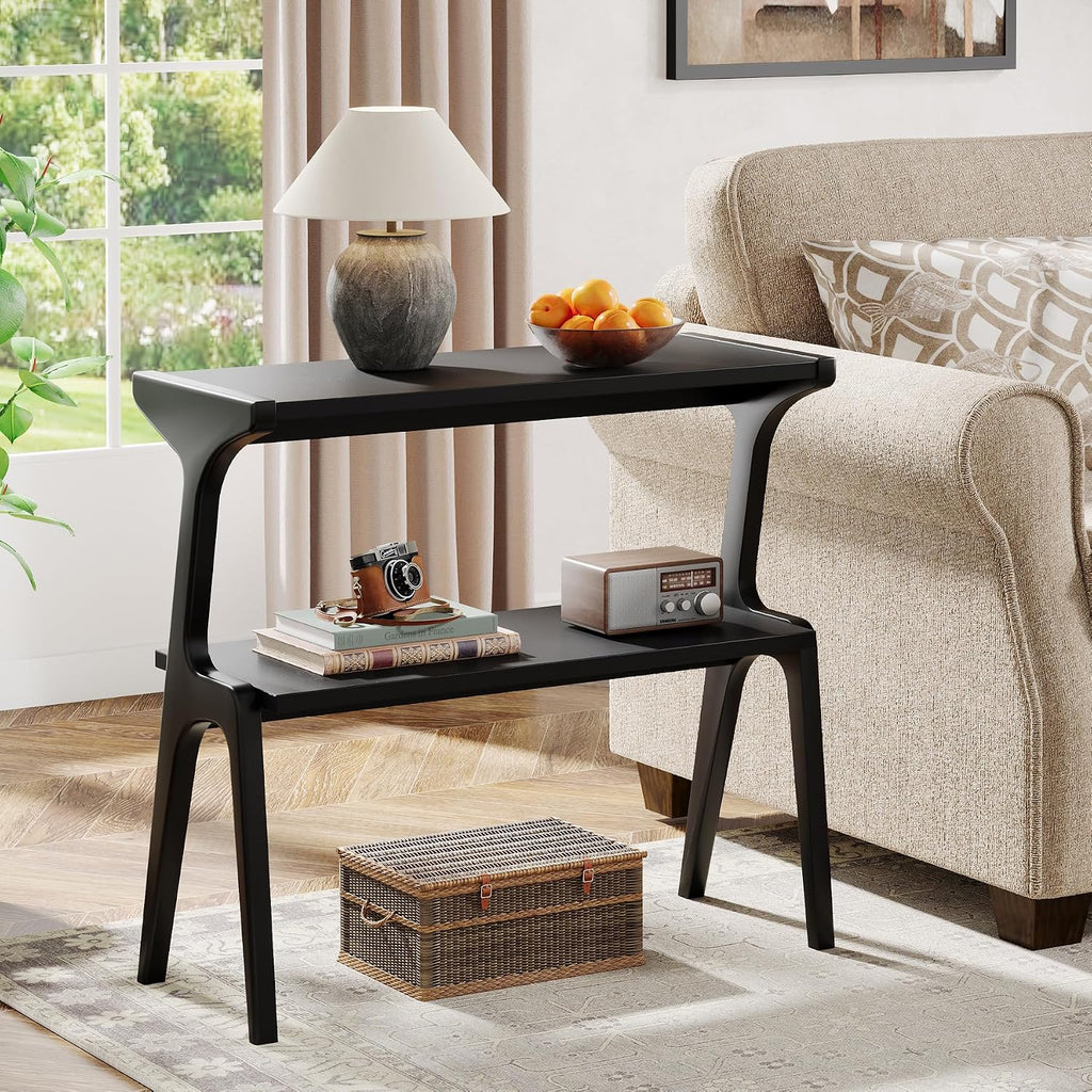 Tribesigns Set of 2 Solid Wood End Table, Modern Side Table for Couch, 2-Tier Narrow Tall End Table, Long Bedside Table for Living Room, Bedroom, Black