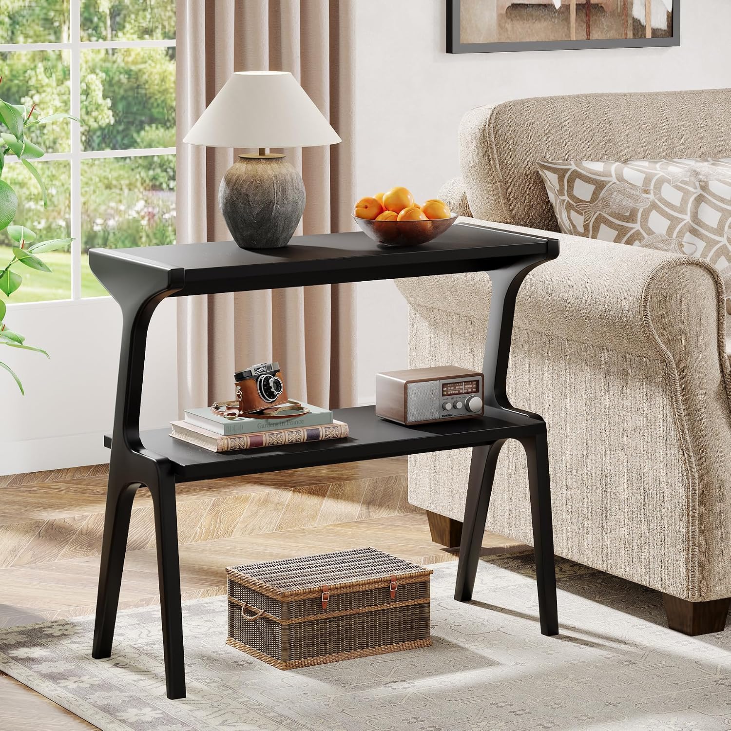 Tribesigns Set of 2 Solid Wood End Table, Modern Side Table for Couch, 2-Tier Narrow Tall End Table, Long Bedside Table for Living Room, Bedroom, Black