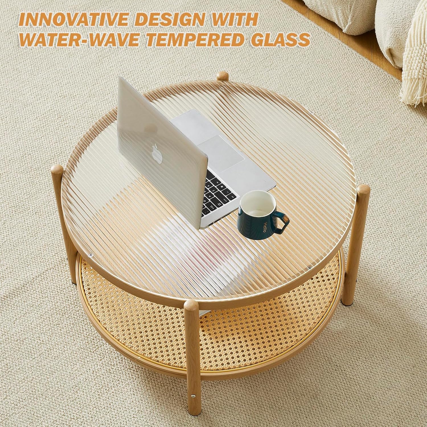 Boho Rattan Coffee Table Set of 2, Round Glass Living Room Table Set, Modern Simple 2 Tier Middle Center Table for Small Space Living Room Bedroom Office Meeting Room