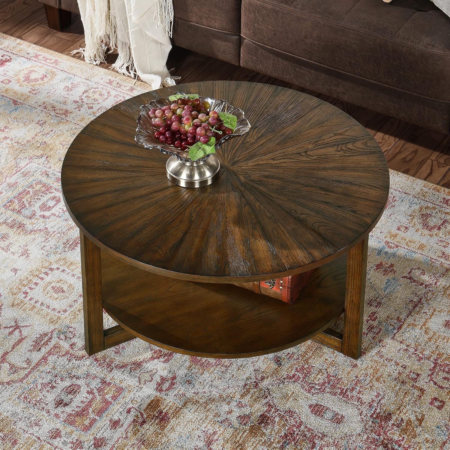 33.5' Round Coffee Table with Storage Shelf, Solid Wood Living Room Table with Umbrella Shaped Top, Farmhouse Center Cocktail Table for Office, Easy Assembly, Vintage Brown KFZ3338NC