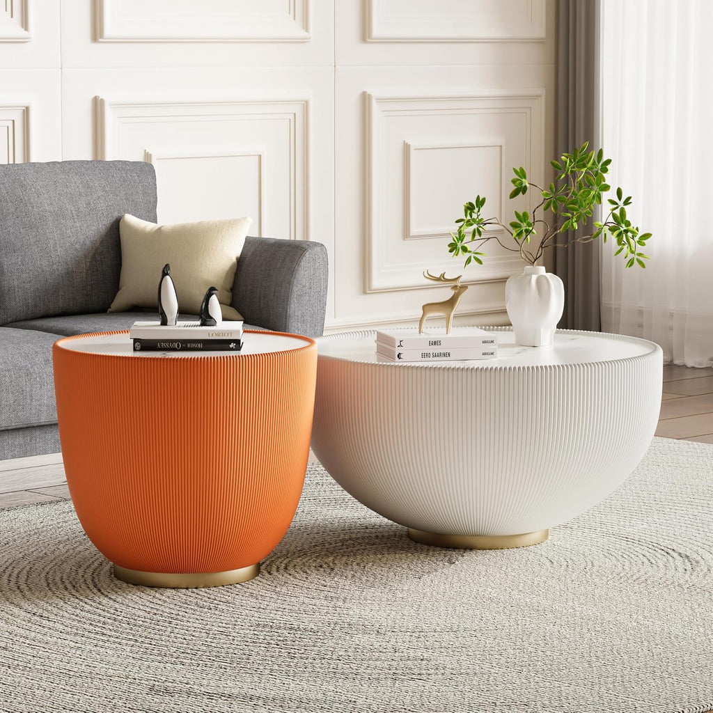 Modern Round Coffee Table Set of 2 Luxury Sintered Stone Top Coffee End Table in White/Orange Leatherette Creative Bowl-Shape Small Coffee Side End Tables for Living Room Bedroom