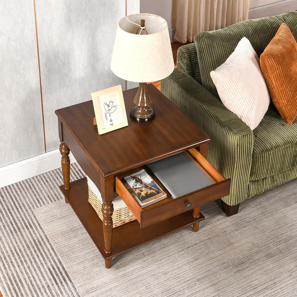 PADMA HOUSE Solid Wood End Table with Drawer & Storage Shelf, 24' H Square Sofa Side Table with Natural Wood Grain Tabletop, Apartment Bedside Table with Turned Legs for Home Office, 22.83 * 24in
