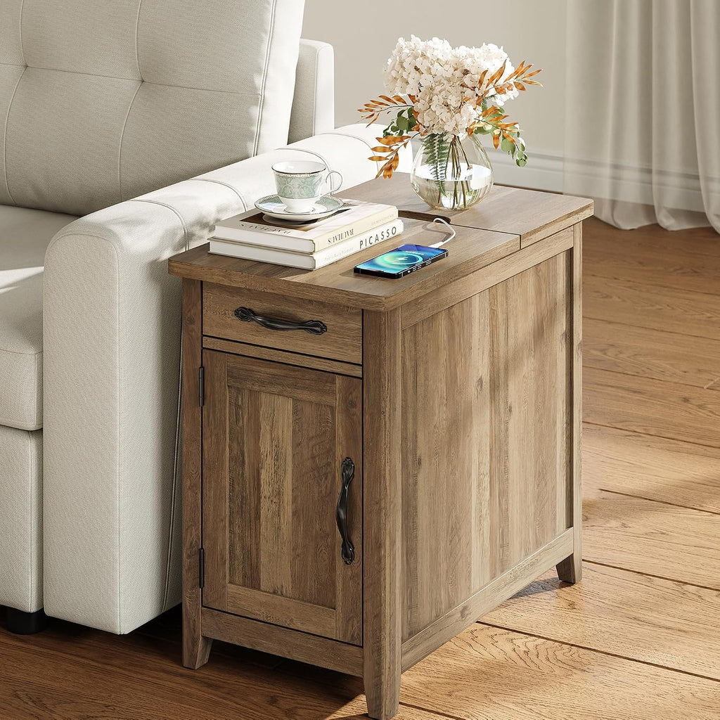 LINSY HOME Farmhouse End Table with Charging Station, Narrow Side Table for Living Room, Sofa Side Table with Drawer and Storage Cabinet, Small Nightstand for Home Office