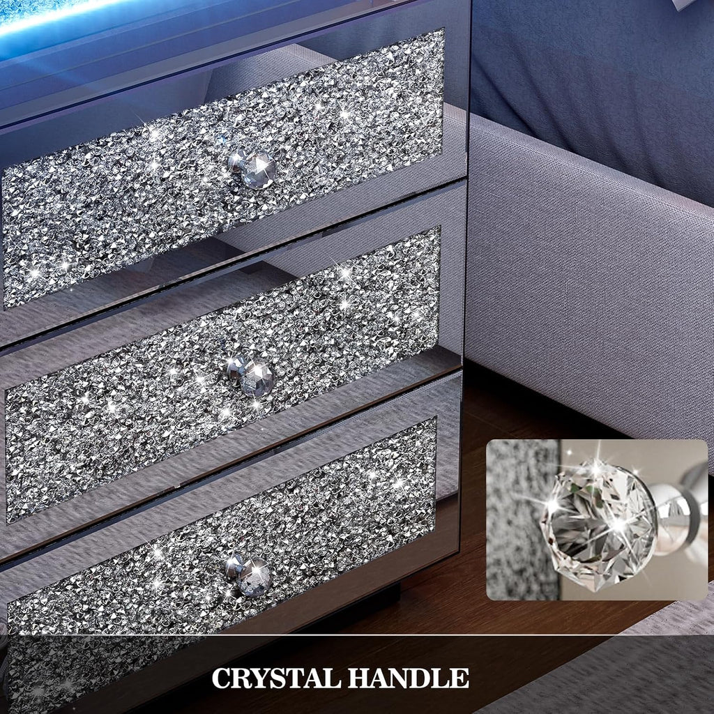IKIFLY Mirrored Nightstand with Wireless Charging Station, Modern LED Side Table with 3 Drawers, Silver Accent End Table with Crushed Diamonds for Living Room, Bedroom and Office