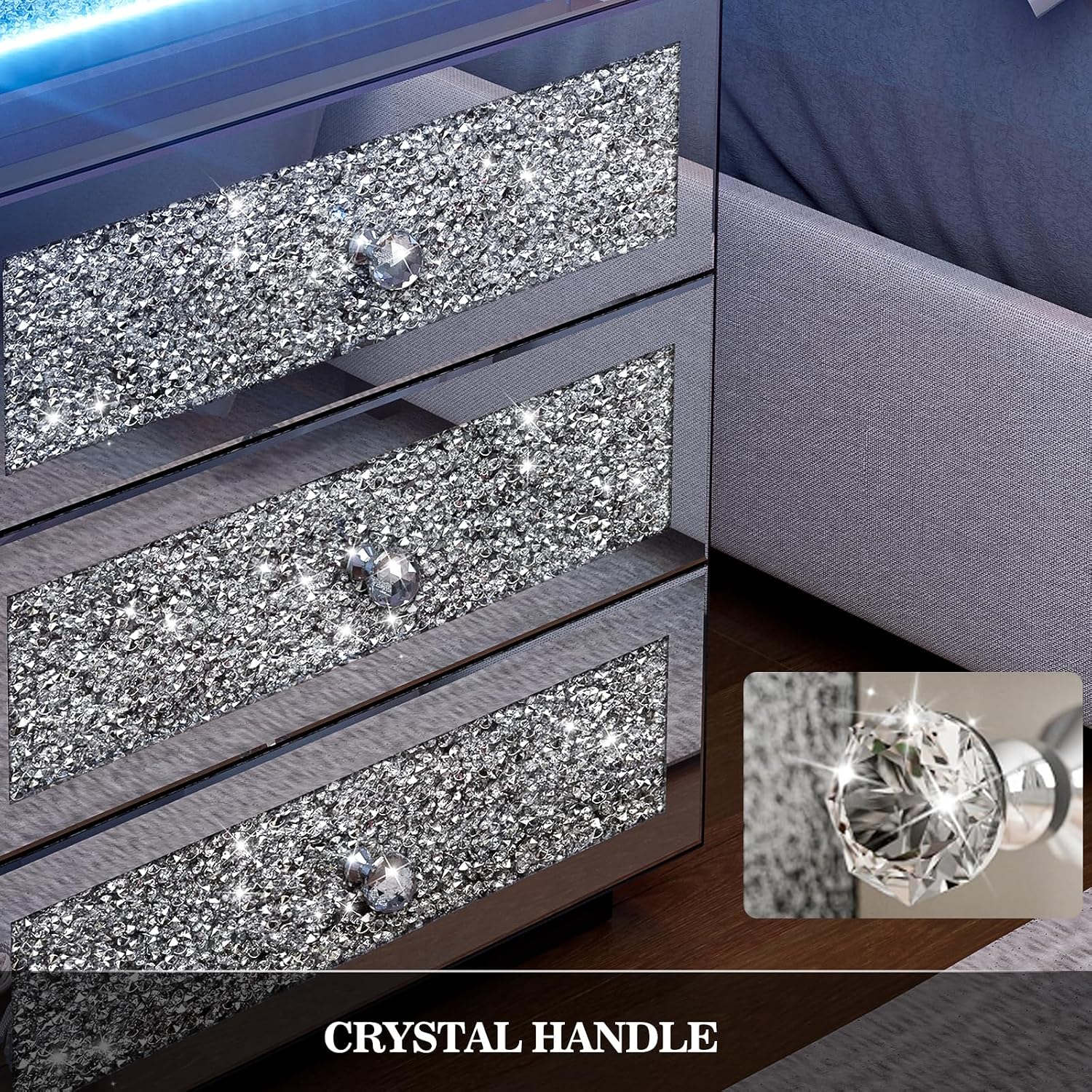 IKIFLY Mirrored Nightstand with Wireless Charging Station, Modern LED Side Table with 3 Drawers, Silver Accent End Table with Crushed Diamonds for Living Room, Bedroom and Office