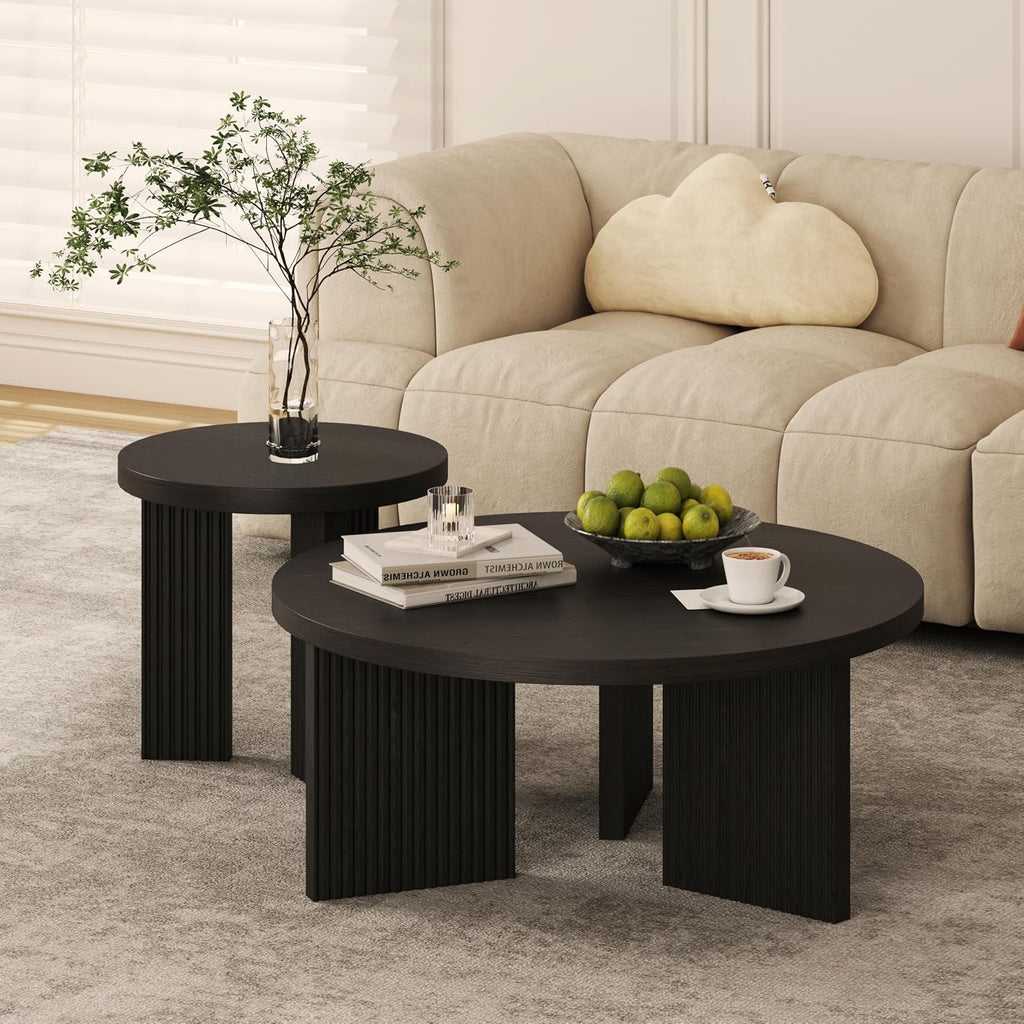 Nesting Coffee Table Set of 2, Modern Wooden Coffee Table with Smooth Thick Design, Circle Tea Table and End Table Set, Accent Center Tables for Living Room, Office, Black