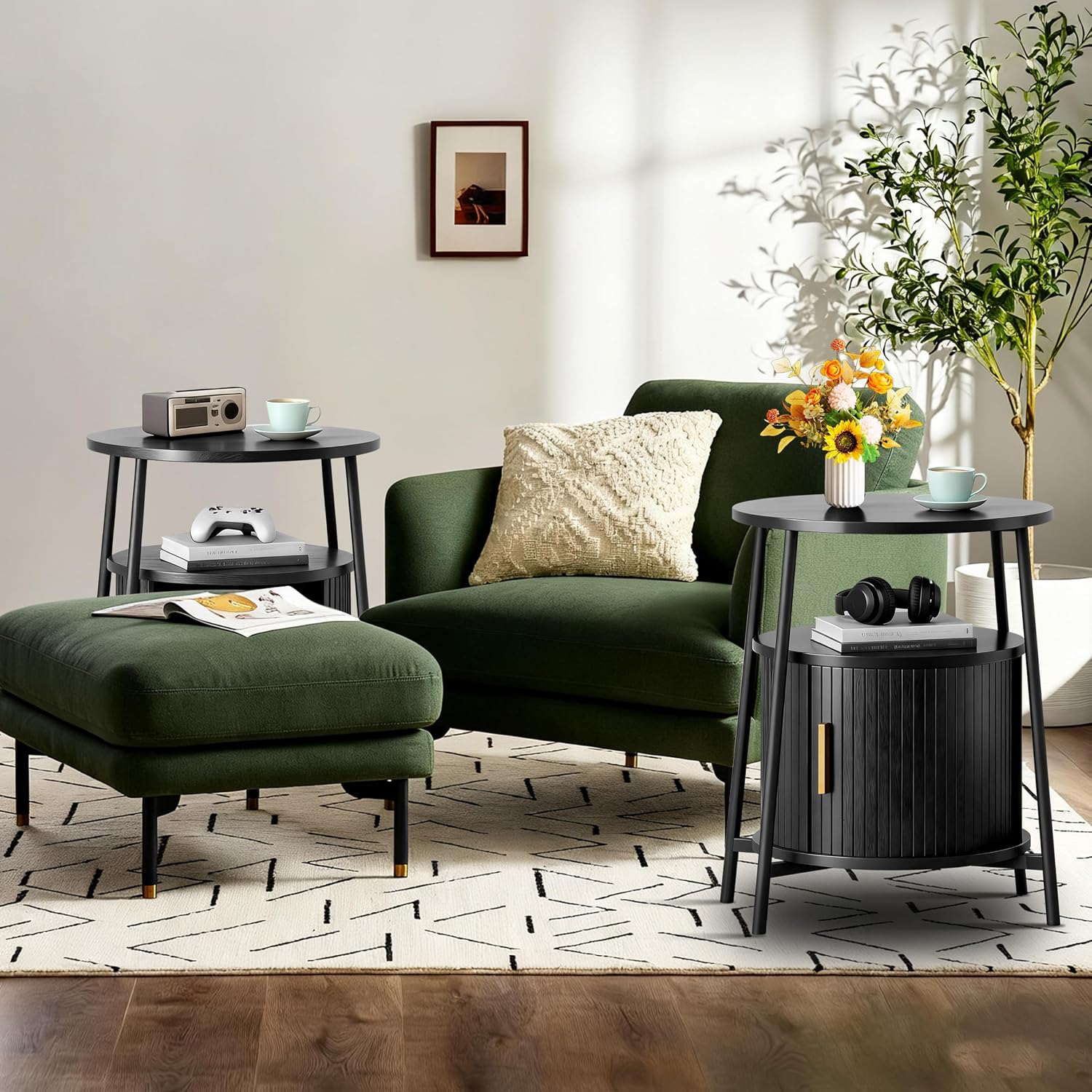DHH Round End Tables Set of 2 & Charging Station, Fluted Accent Side Table with Sliding Door, Mid-Century Modern Nightstand Set of 2 for Small Space Storage, Living Room, Bedroom,Sofa Couch(2, Black)