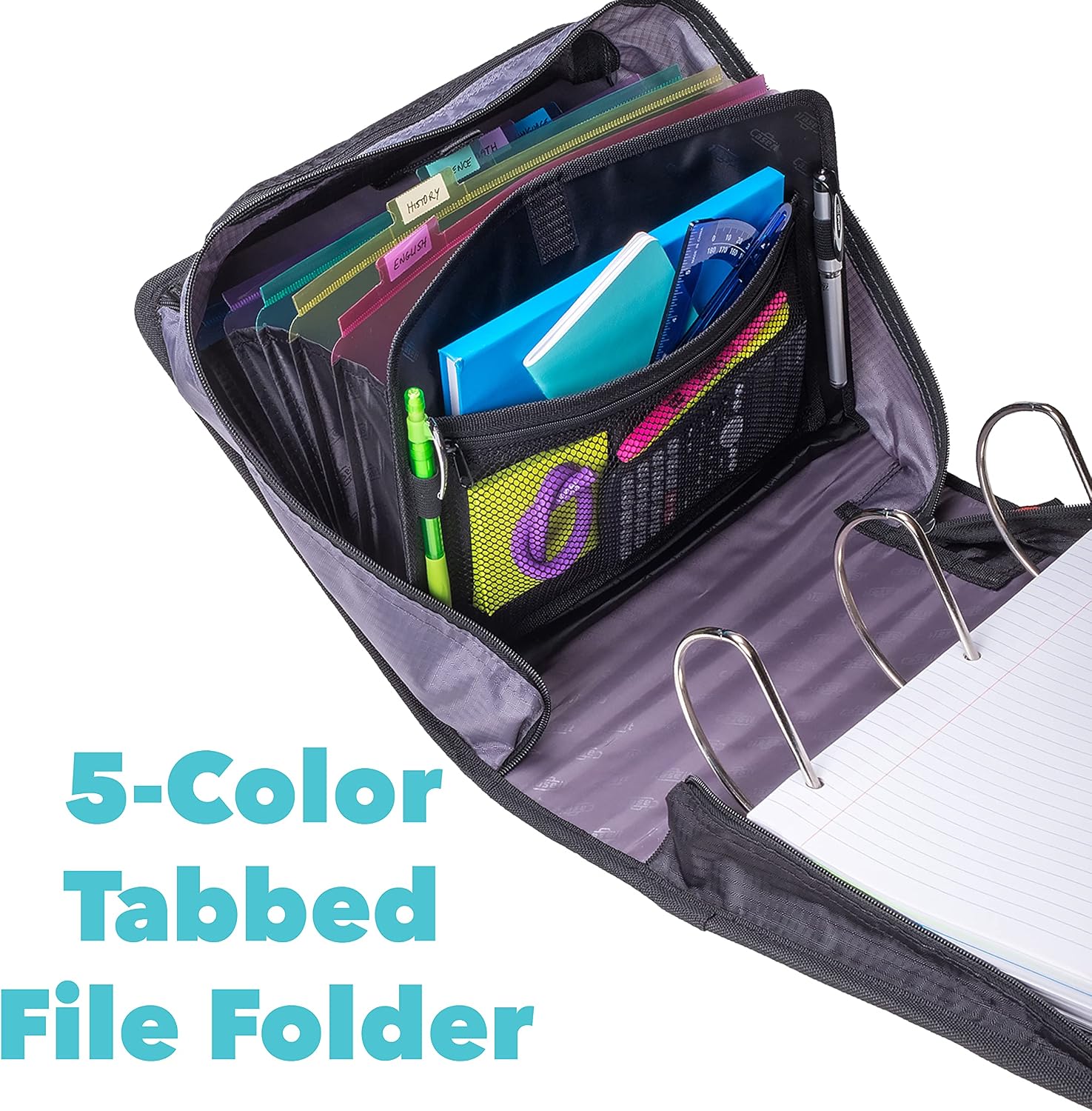 Case-it King Sized Zip Tab School Zipper Binder | 4-Inch D-Rings, 800 Sheet Capacity, 5-Subject Expanding File Folder, Multiple Pockets & Storage Organizer, Shoulder Strap | D-186 Blue | 4 Pack