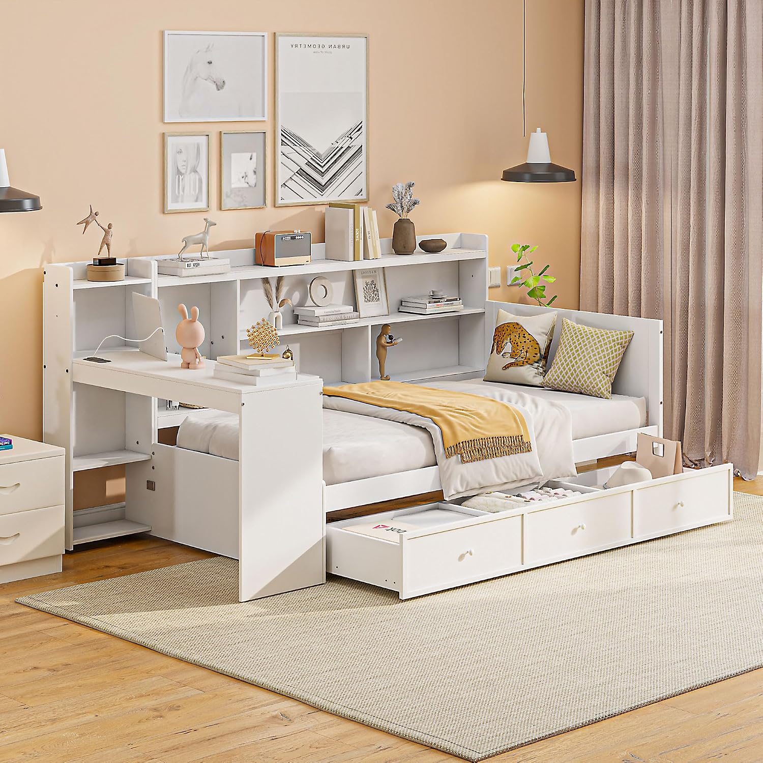 SOFTSEA Twin Size Daybed with Storage Drawers & Bookcase, Wood Daybed with Desk & USB Ports, L Shaped Corner Bed with Convertible Headboard for Bedroom Living Room Guest Room, White