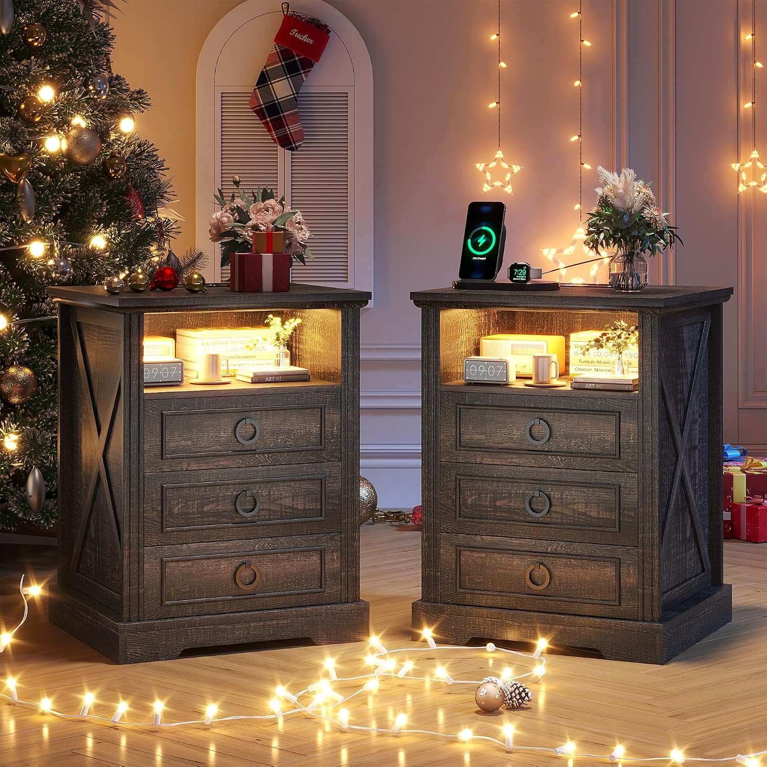 Nightstand Set 2 with Charging Station, Farmhouse End Side Table with 3 Drawers and Open Storage, Smart Bedside Table with LED Light & Human Sensor for Bedroom,Brown,Chest