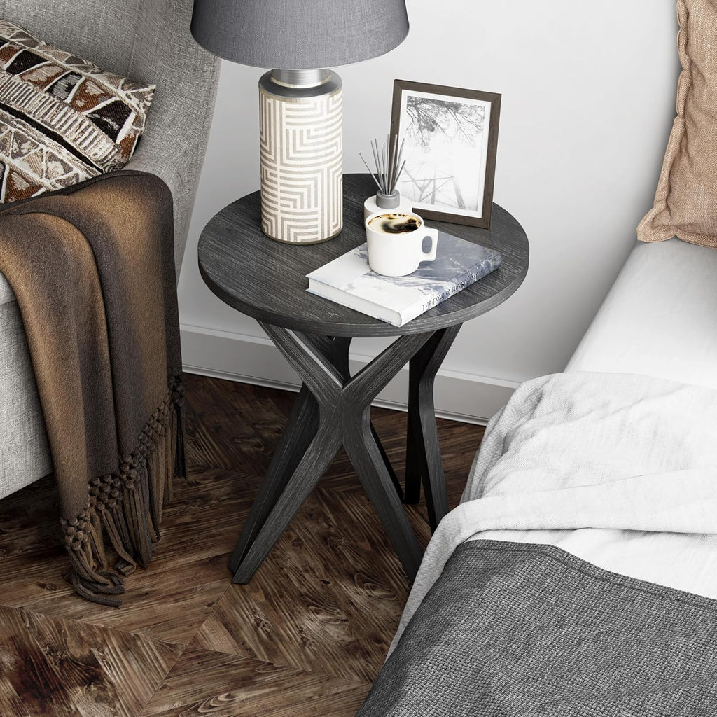 Pedestal Farmhouse End Table Set of 2, Distressed Top with Tripod Base Bedside Table for Living Room, Modern, Boho Decor, Round (2-Pack, Distressed Black)