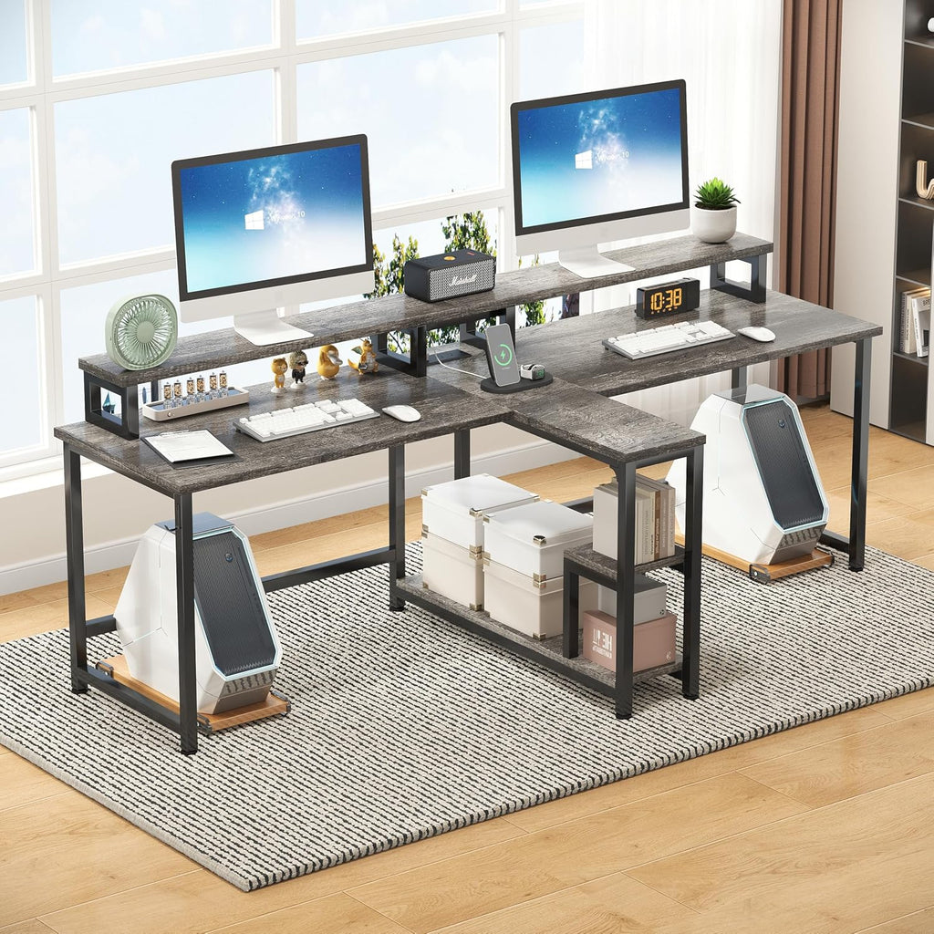 Mexin Two Person Desk-83.7 Inch Double Computer Desk with Monitor Stand and Power Outlets, Office Desk with Storage Shelves, Long Workstation Desk for Home Office, Gray Oak