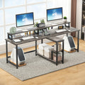 Mexin Two Person Desk-83.7 Inch Double Computer Desk with Monitor Stand and Power Outlets, Office Desk with Storage Shelves, Long Workstation Desk for Home Office, Gray Oak
