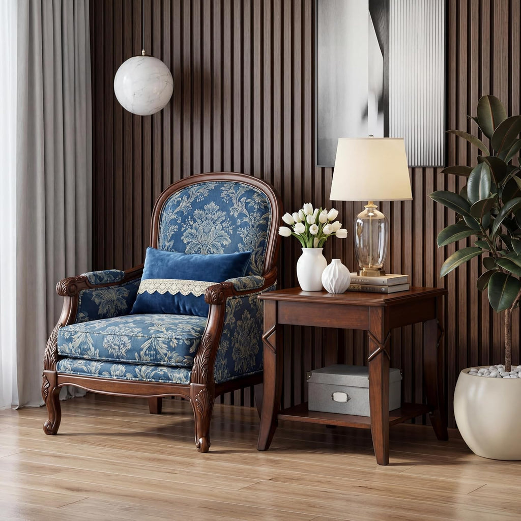 Solid Wood End Table with Storage Shelf, Vintage Rectangle Sofa Side Table with Splicing Tabletop and Carved Leg, BesideTelephone Table Cherry Brown,19.7 * 17.7 * 19.7in CJZ-DR200