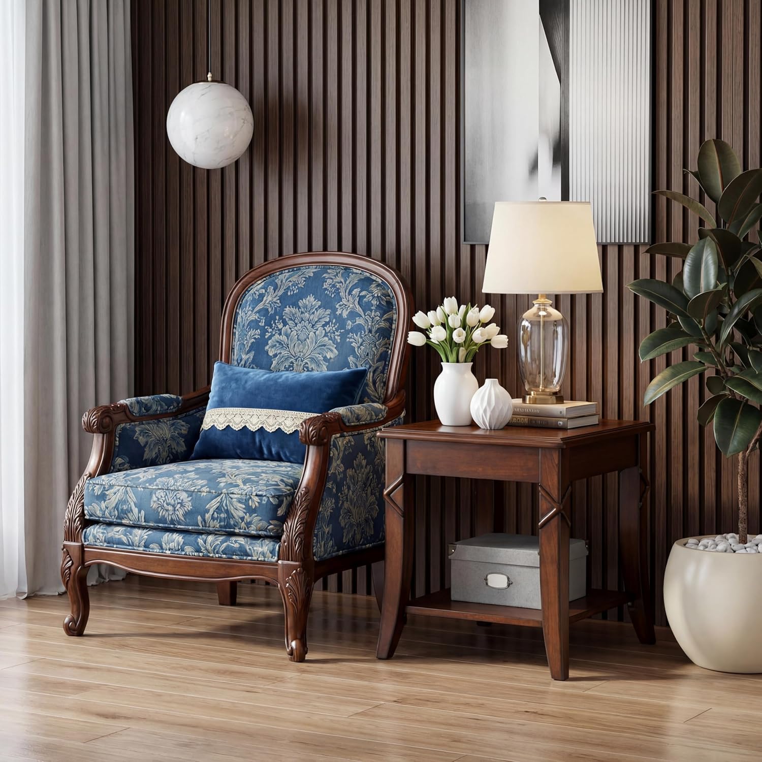 Solid Wood End Table with Storage Shelf, Vintage Rectangle Sofa Side Table with Splicing Tabletop and Carved Leg, BesideTelephone Table Cherry Brown,19.7 * 17.7 * 19.7in CJZ-DR200